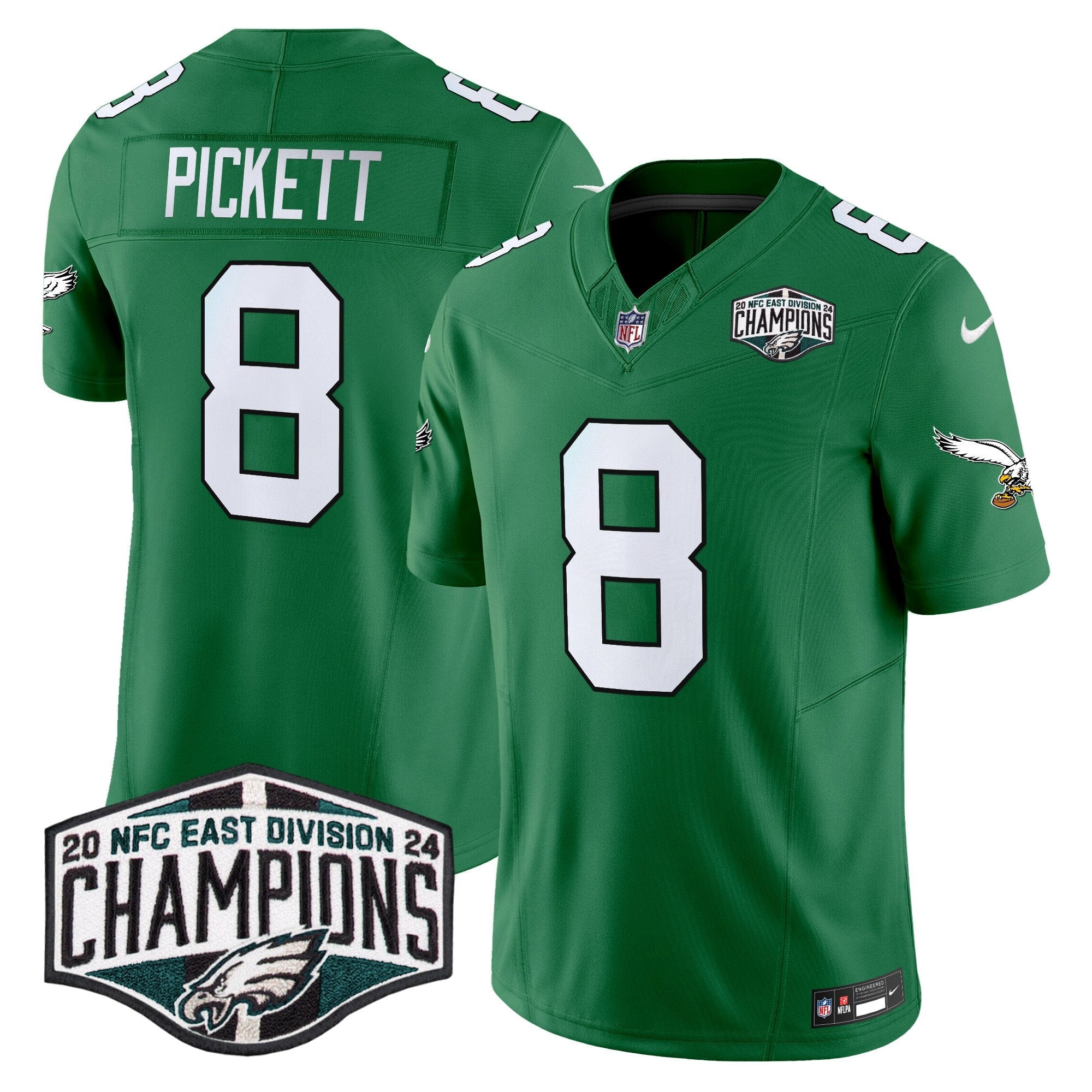 Philadelphia Eagles Kelly Green 2024 NFC East Division Champions Vapor Limited Jersey V2 – All Stitched – Kelly Green – Kenny Pickett Jersey