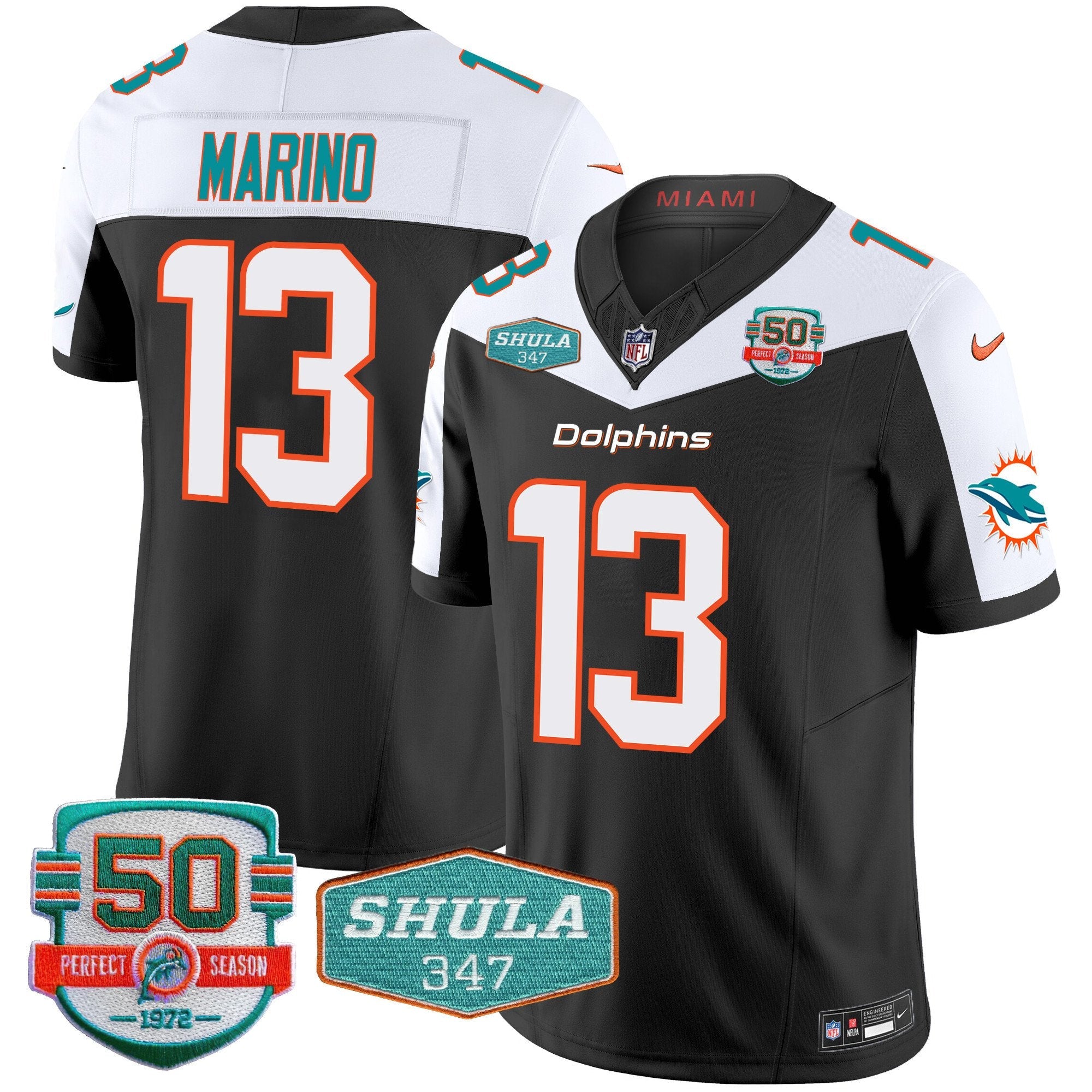 Dolphins Shula 347 Patch Vapor Limited Jersey V2 – All Stitched – Black Alternate – Dan Marino Jersey