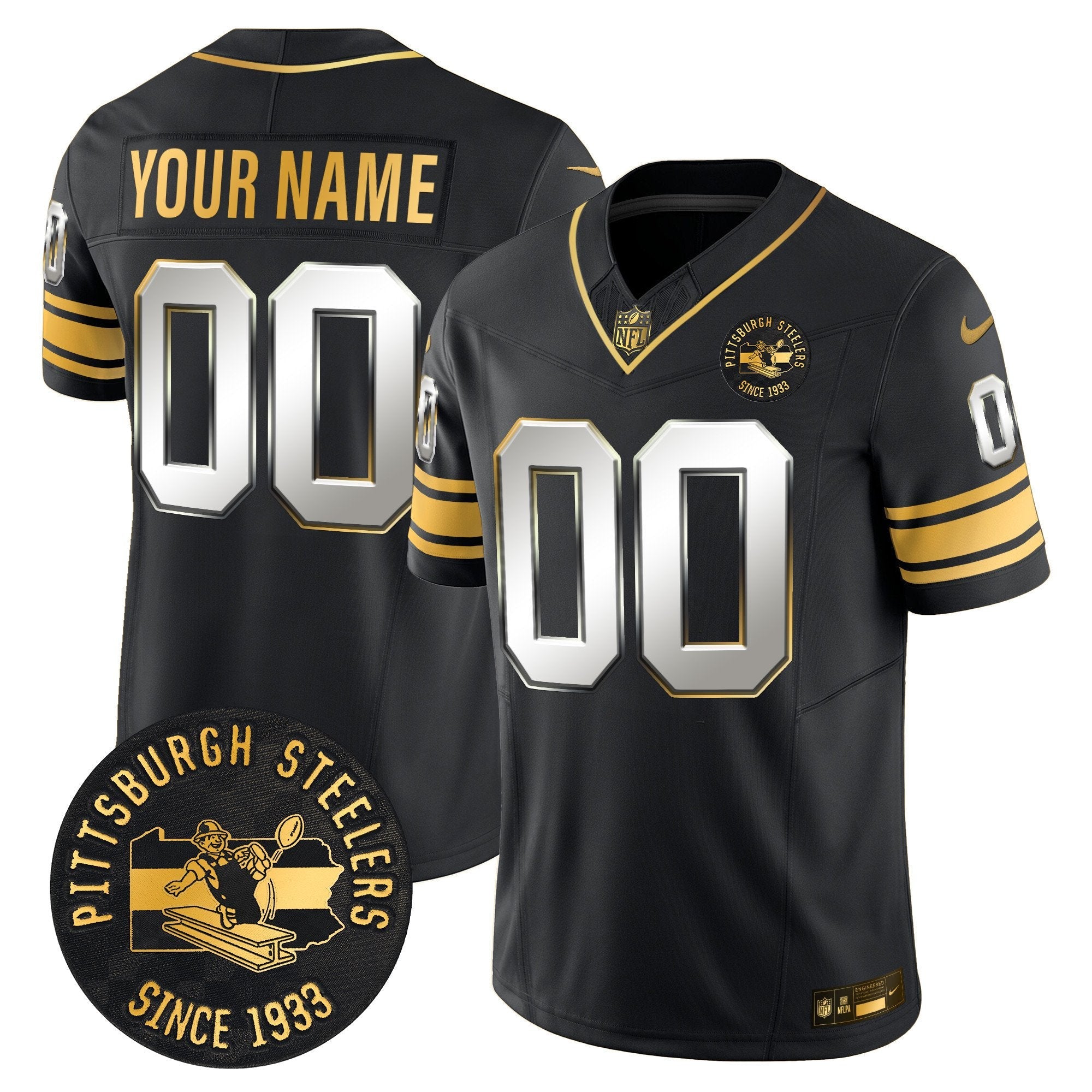 Pittsburgh Steelers Throwback 1933 Patch Gold Vapor Limited Custom Jersey – All Stitched – Black Limited Jersey