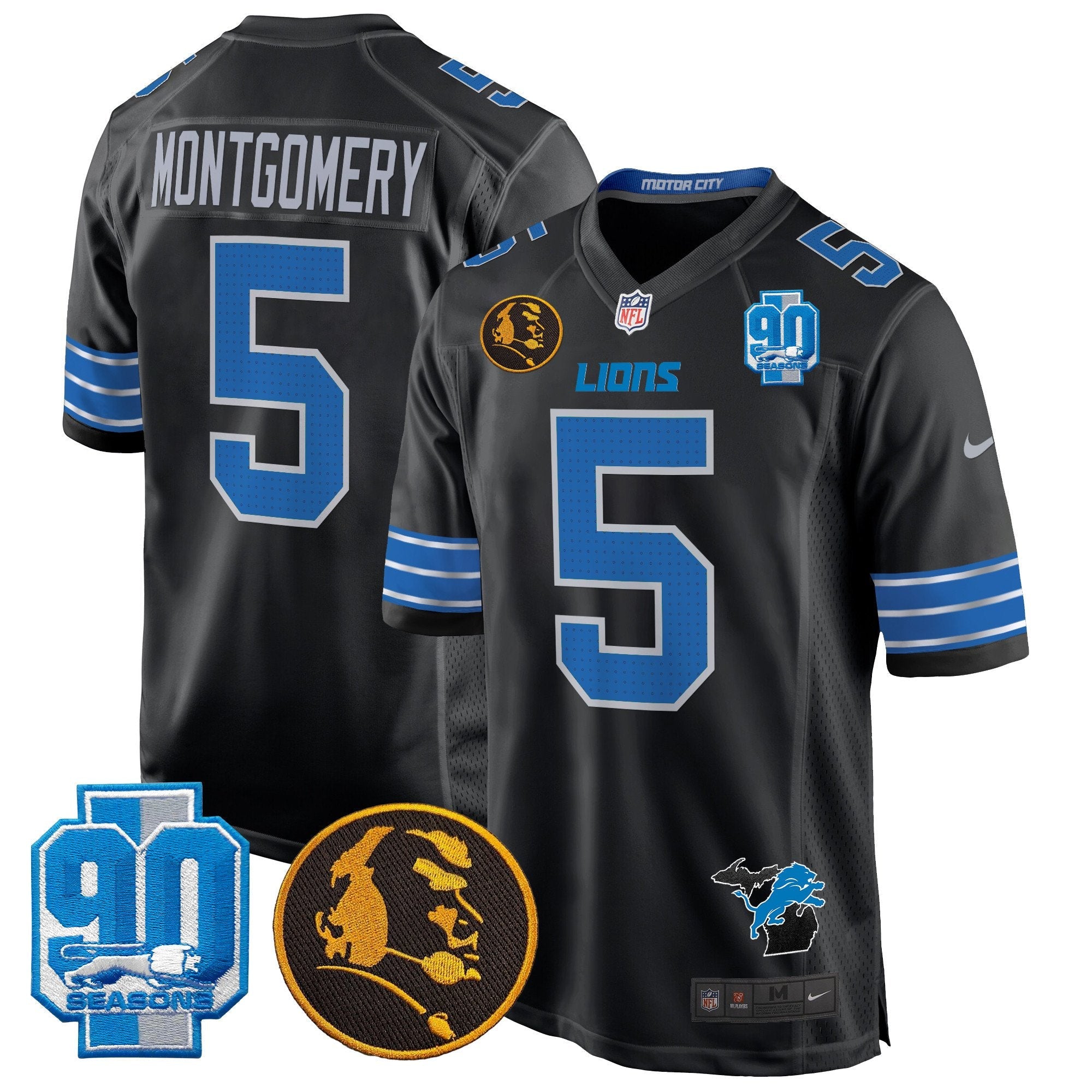 Detroit Lions 2024 90th & John Madden Patch Game Jersey – All Stitched – Black – David Montgomery Jersey