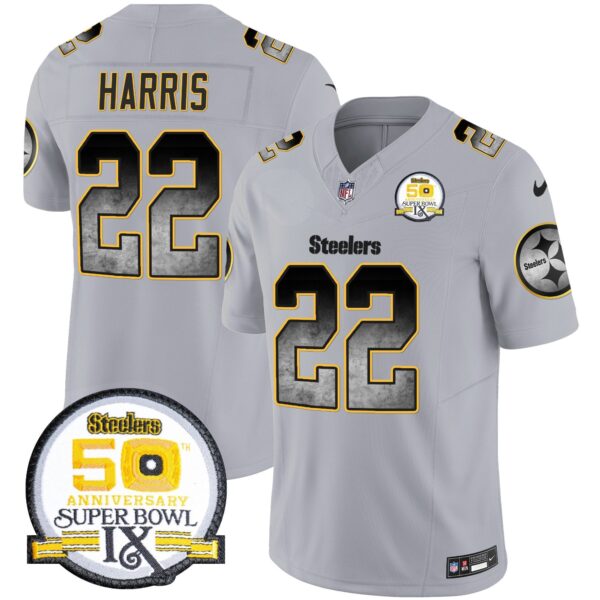 Steelers Arch Smoke 50th Anniversary Of Super Bowl IX Patch Vapor Limited Jersey – All Stitched – Gray – Najee Harris Jersey