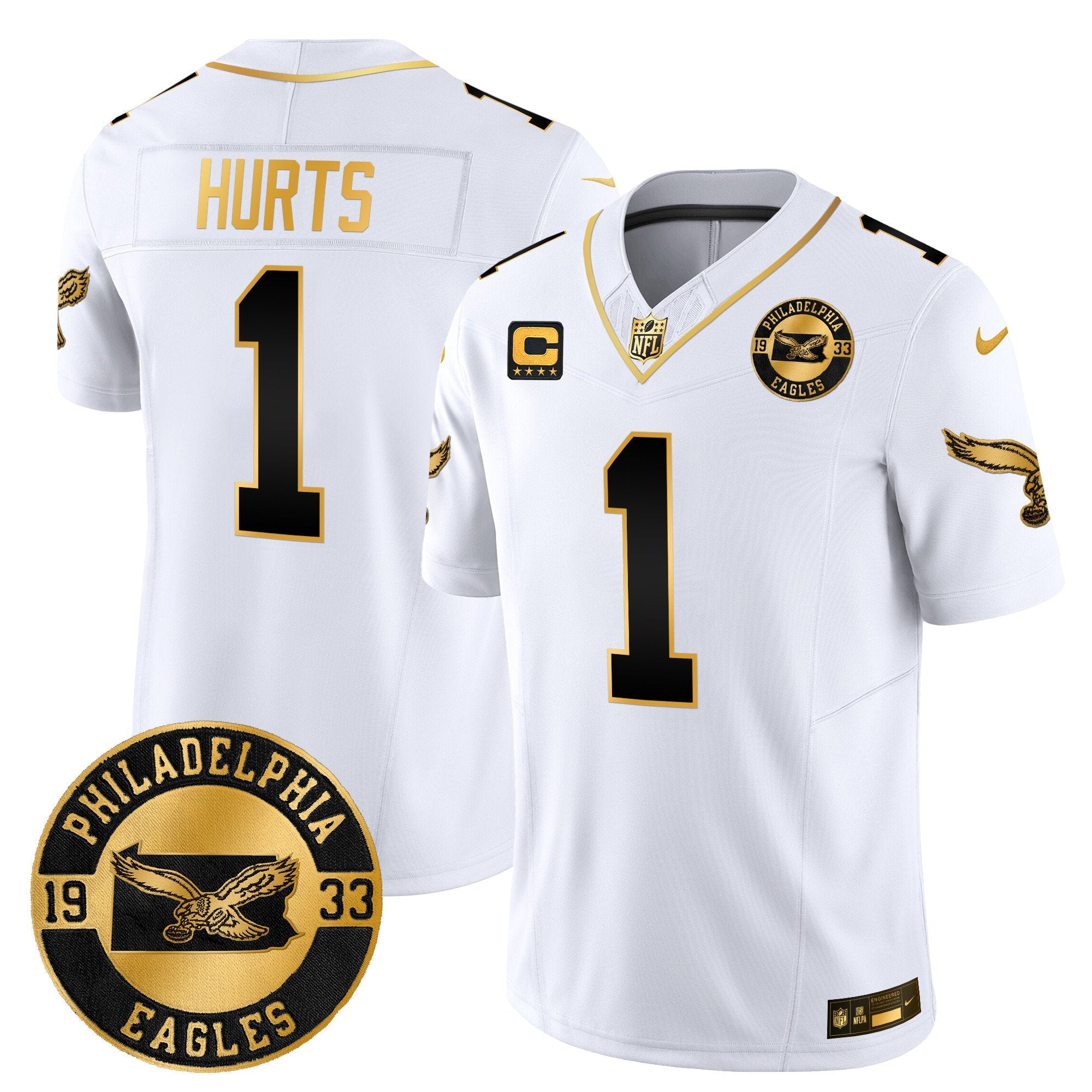 Philadelphia Eagles 2024 Throwback Gold Vapor Limited Jersey – Est. 1933 Patch – All Stitched – White Gold – Jalen Hurts Jersey