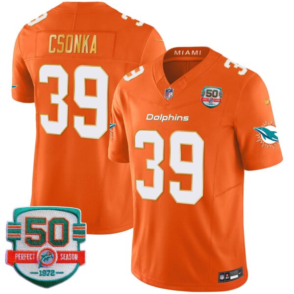 Dolphins Gold Trim Vapor Limited Jersey – All Stitched – Orange – Larry Csonka Jersey