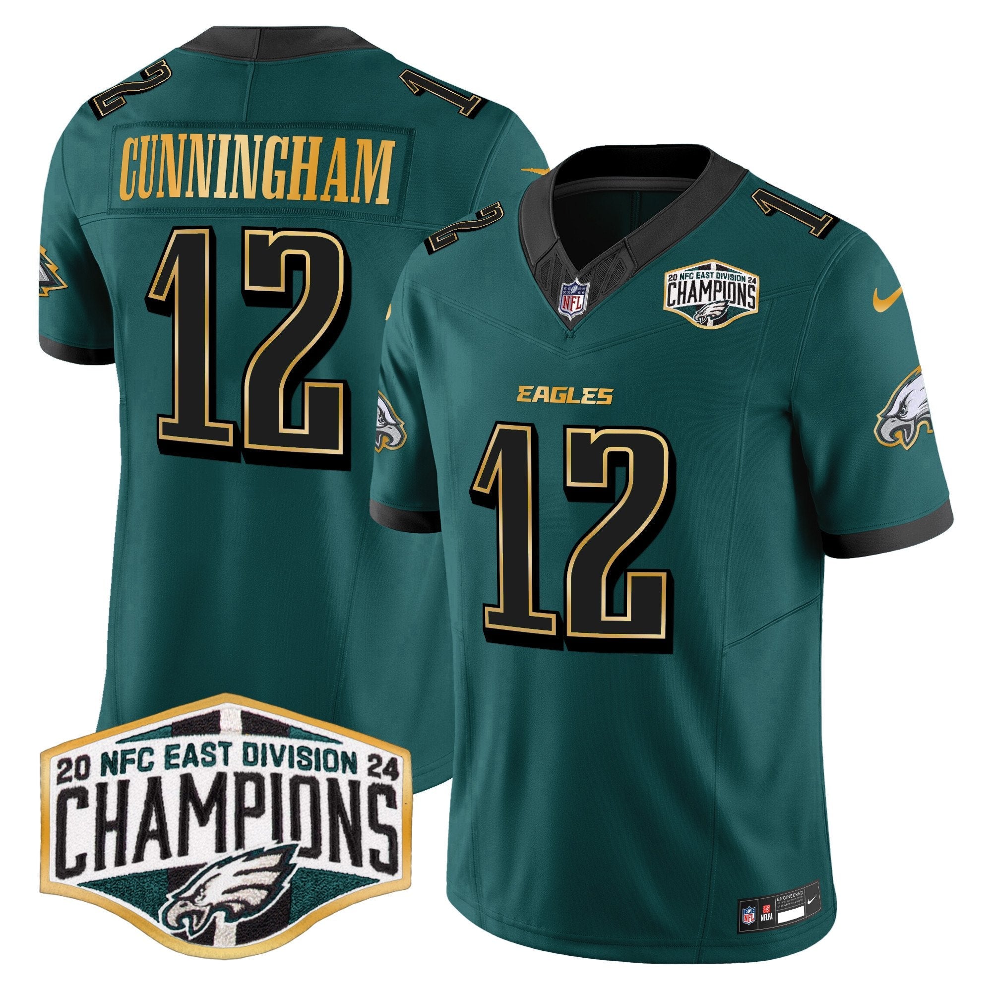 Eagles 2024 NFC East Division Champions Gold Trim Vapor Limited Jersey – All Stitched – Midnight Green – Randall Cunningham Jersey