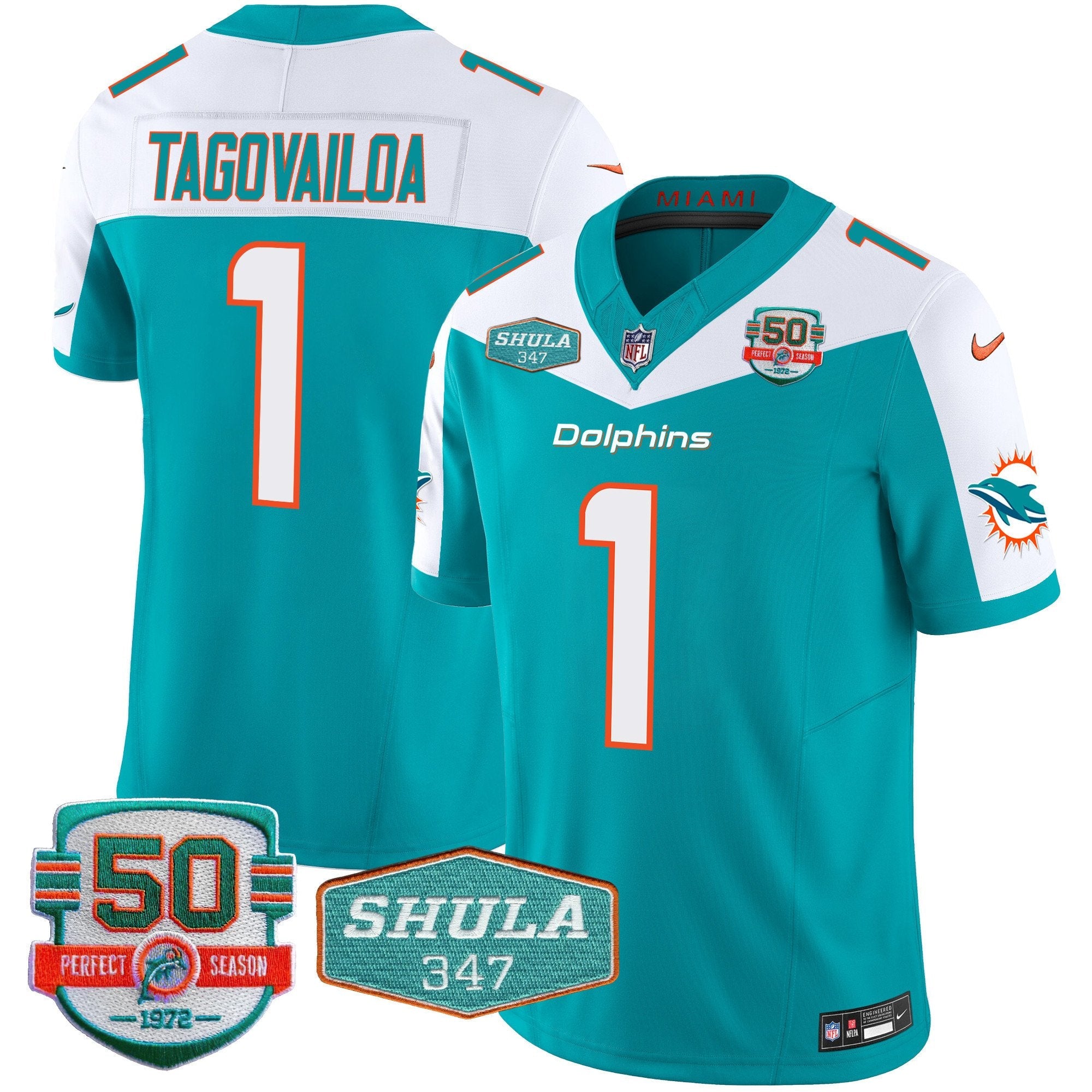 Dolphins Shula 347 Patch Vapor Limited Jersey V2 – All Stitched – Aqua Alternate – Tua Tagovailoa Jersey