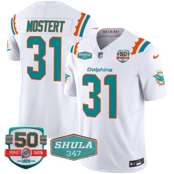 Dolphins 50th & Don Shula 347 Memorial Patch Vapor Limited Jersey – All Stitched – White – Raheem Mostert Jersey