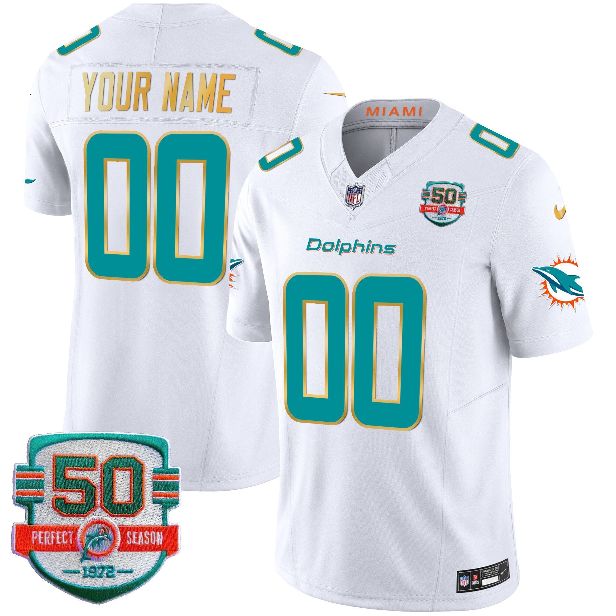 Dolphins Gold Trim Vapor Limited Custom Jersey – All Stitched – White Jersey