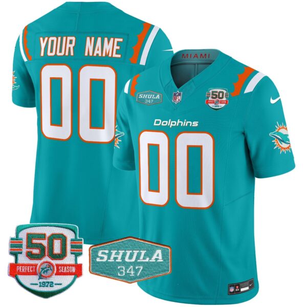Dolphins 50th & Don Shula 347 Memorial Patch Vapor Limited Custom Jersey – All Stitched – Aqua Jersey