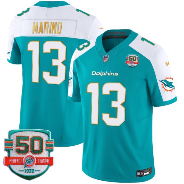 Dolphins Gold Trim Vapor Limited Jersey – All Stitched – Aqua Alternate – Dan Marino Jersey