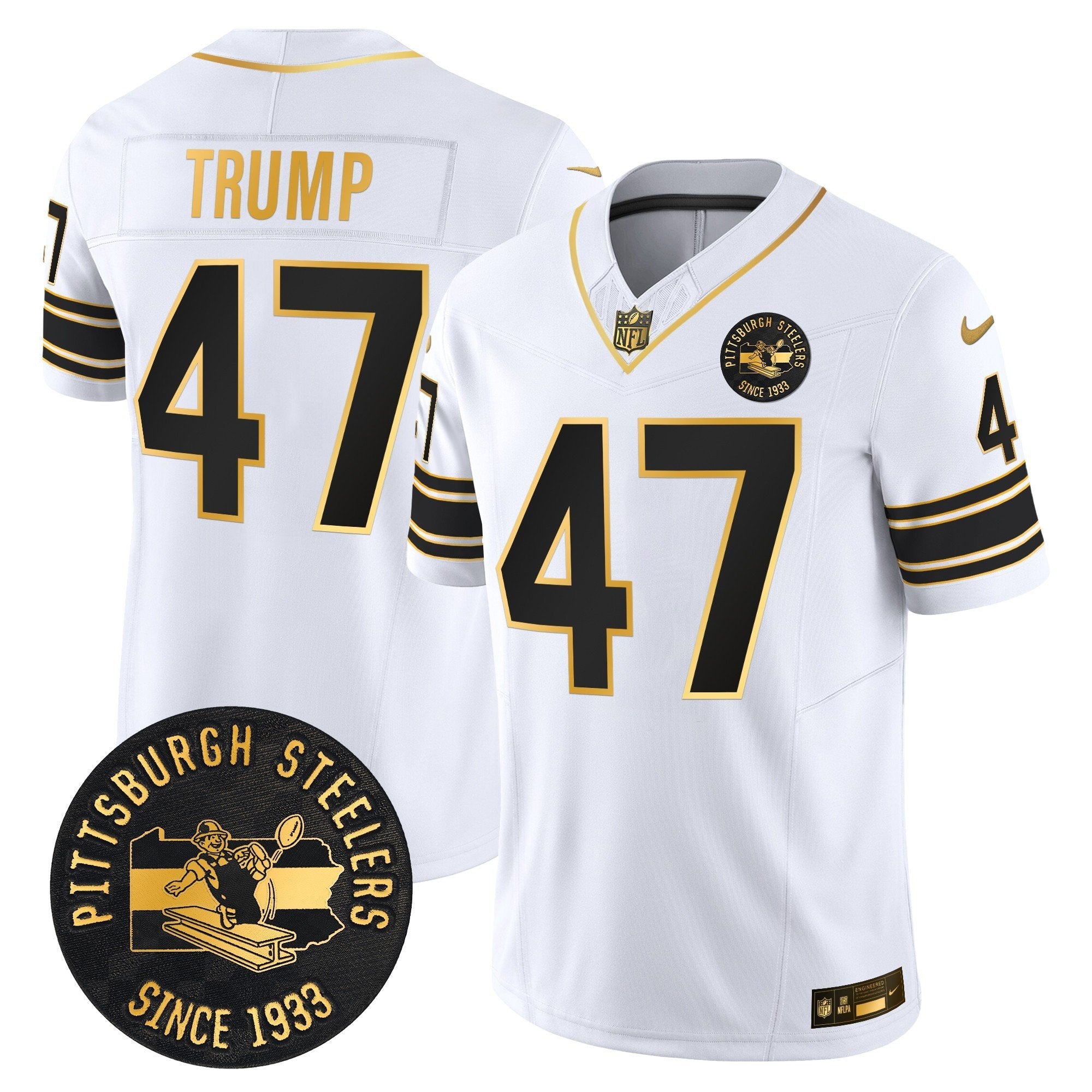 Pittsburgh Steelers Throwback 1933 Patch Gold Vapor Limited Jersey – All Stitched – White Gold – Donald Trump Jersey