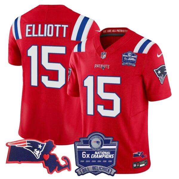 Patriots Bill Belichick 6x Champions Patch Vapor Jersey – All Stitched – Red – Ezekiel Elliott Jersey