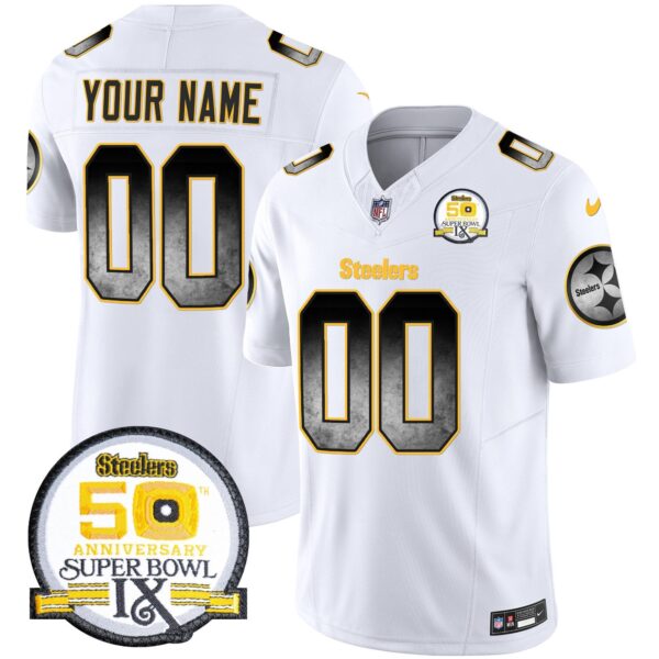 Steelers Arch Smoke 50th Anniversary Of Super Bowl IX Patch Vapor Limited Custom Jersey – All Stitched – White Jersey