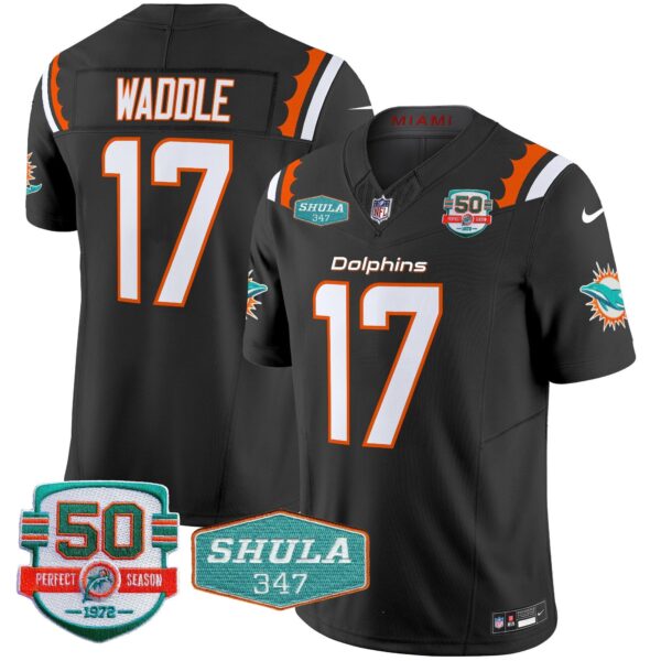 Dolphins 50th & Don Shula 347 Memorial Patch Vapor Limited Jersey – All Stitched – Black – Jaylen Waddle Jersey