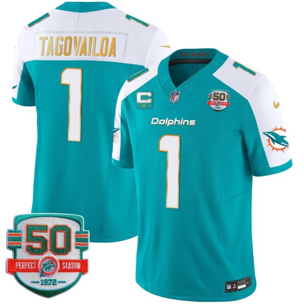 Dolphins Gold Trim Vapor Limited Jersey – All Stitched – Aqua Alternate – Tua Tagovailoa Jersey