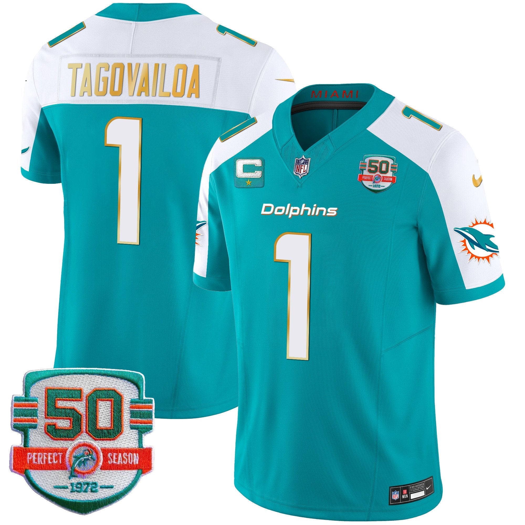 Dolphins Gold Trim Vapor Limited Jersey – All Stitched – Aqua Alternate – Tua Tagovailoa Jersey