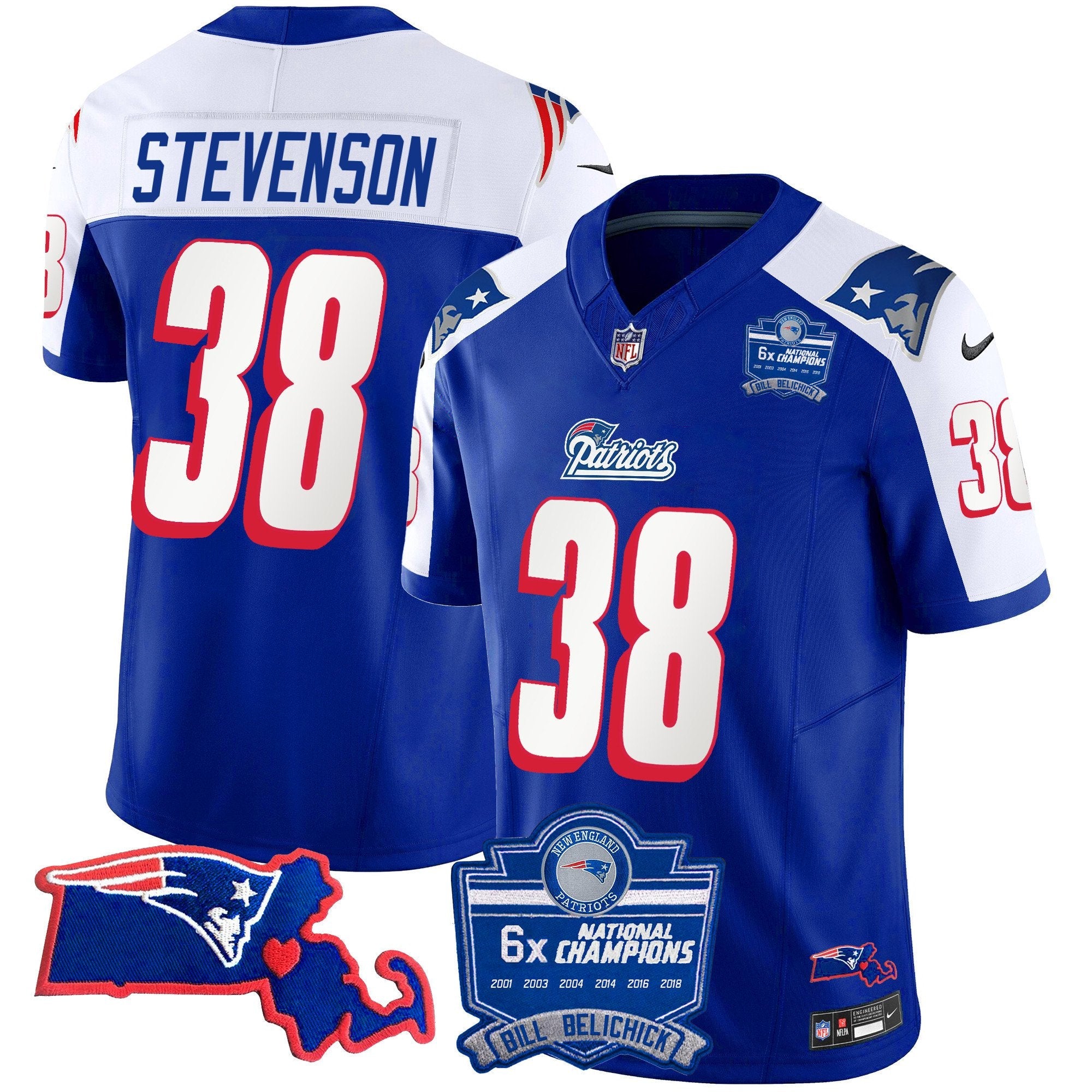 Patriots Bill Belichick 6x Champions Patch Vapor Jersey – All Stitched – 1996 Alternate – Rhamondre Stevenson Jersey