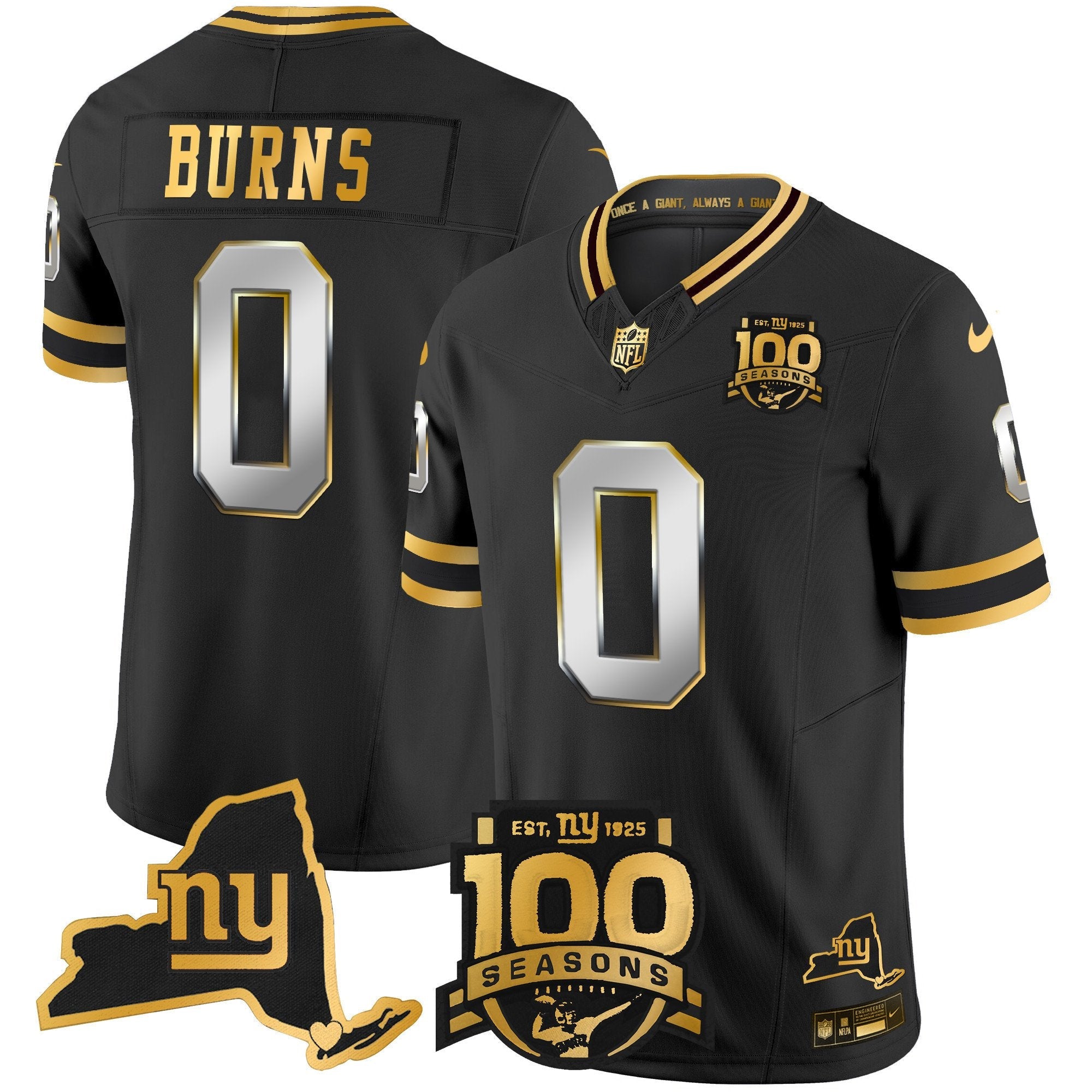 New York Giants 100th Season & State Patch Gold Vapor Limited Jersey – All Stitched – Black Limited – Brian Burns Jersey