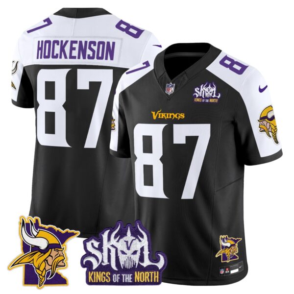 Minnesota Vikings Kings Of The North Patch Vapor Limited Jersey V3 – All Stitched – Black Alternate – T.J. Hockenson Jersey