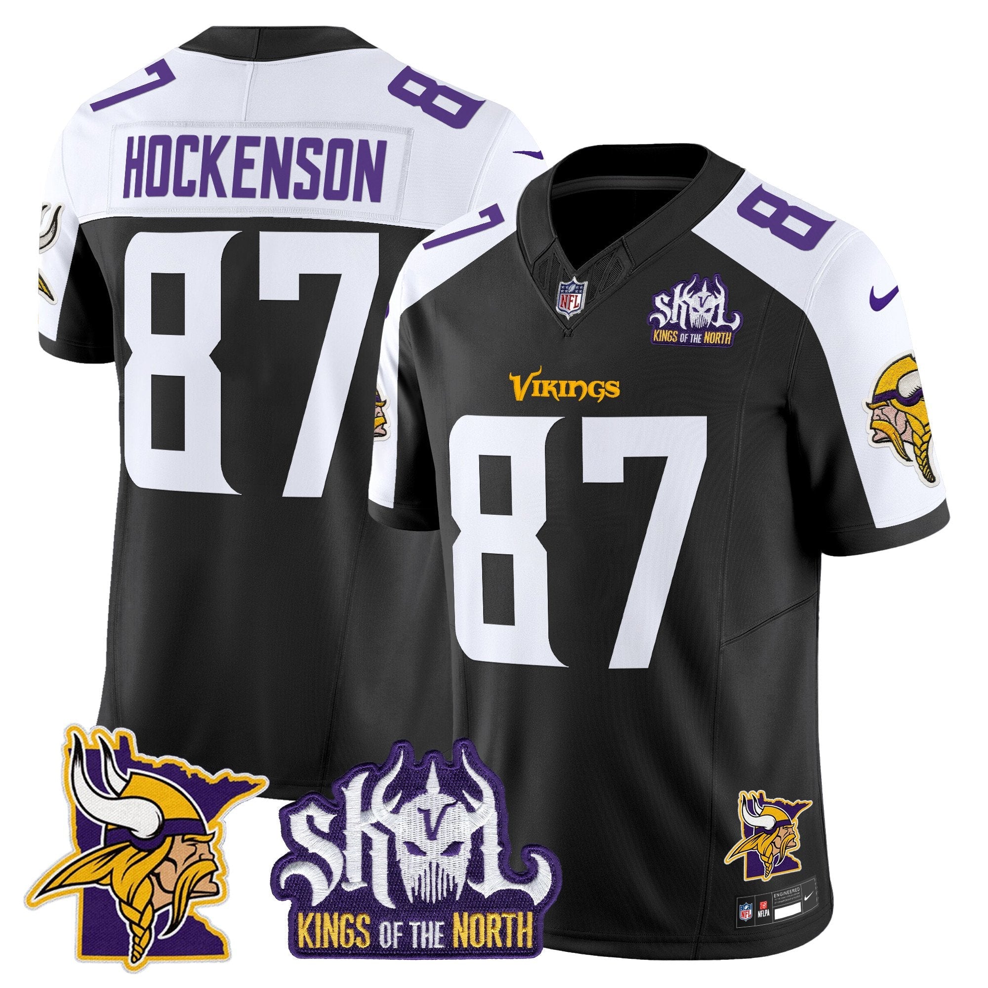 Minnesota Vikings Kings Of The North Patch Vapor Limited Jersey V3 – All Stitched – Black Alternate – T.J. Hockenson Jersey