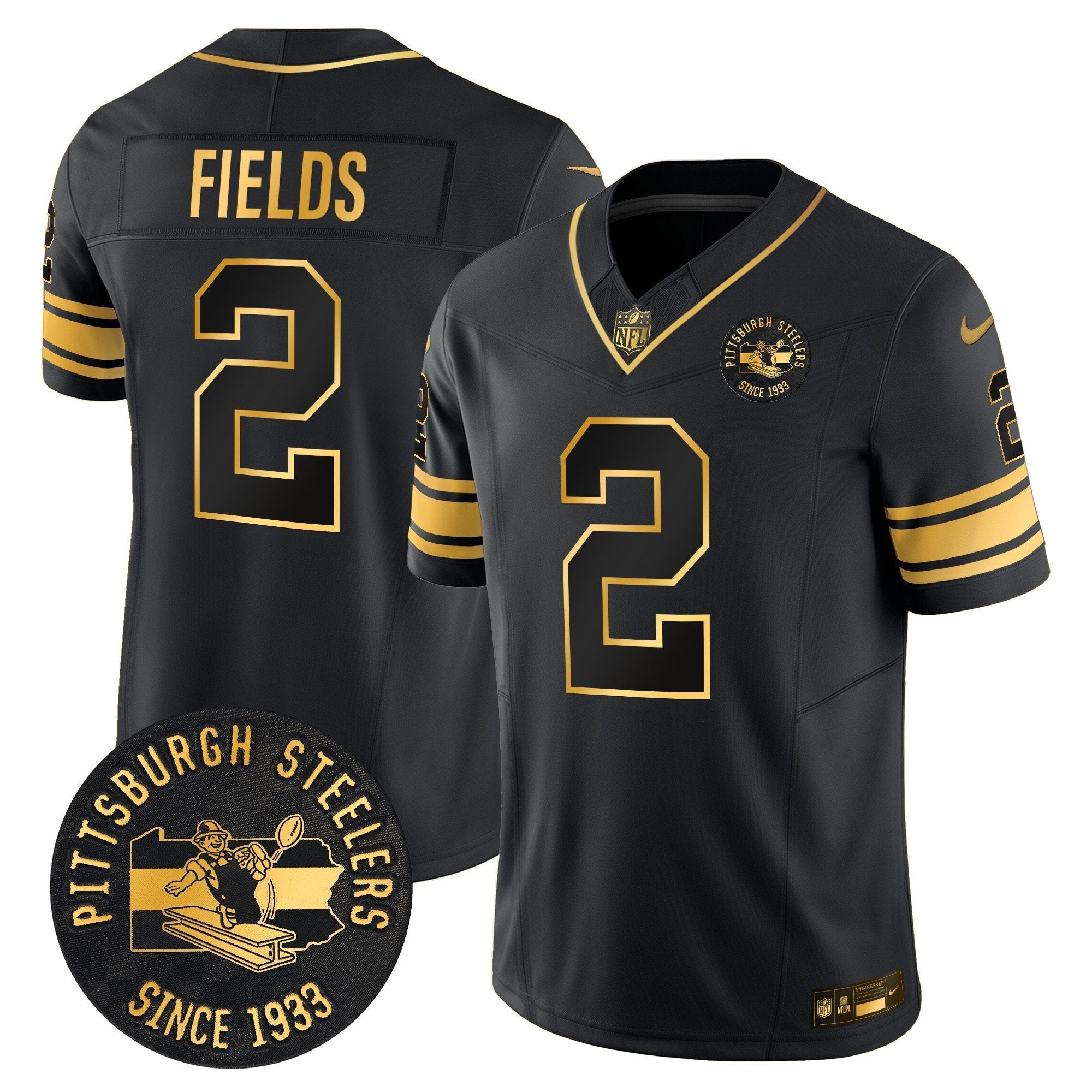 Pittsburgh Steelers Throwback 1933 Patch Gold Vapor Limited Jersey – All Stitched – Black Gold – Justin Fields Jersey