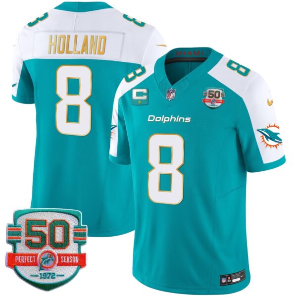 Dolphins Gold Trim Vapor Limited Jersey – All Stitched – Aqua Alternate – Jevon Holland Jersey
