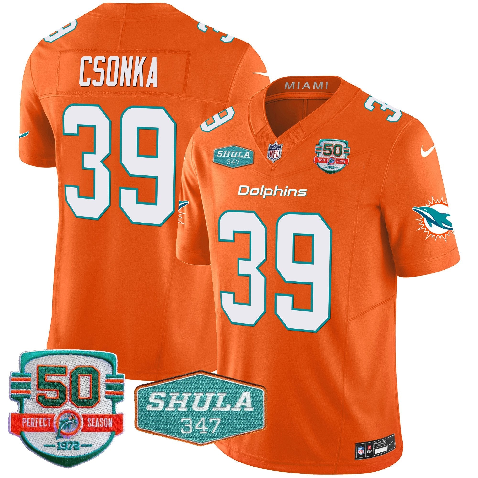 Dolphins Shula 347 Patch Vapor Limited Jersey V2 – All Stitched – Orange – Larry Csonka Jersey