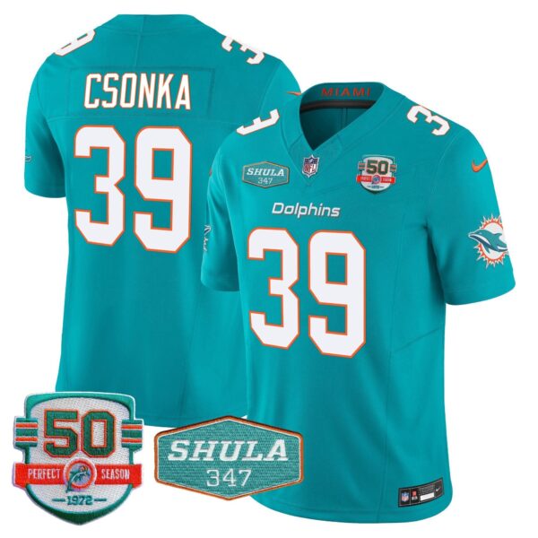 Dolphins Shula 347 Patch Vapor Limited Jersey V2 – All Stitched – Aqua – Larry Csonka Jersey