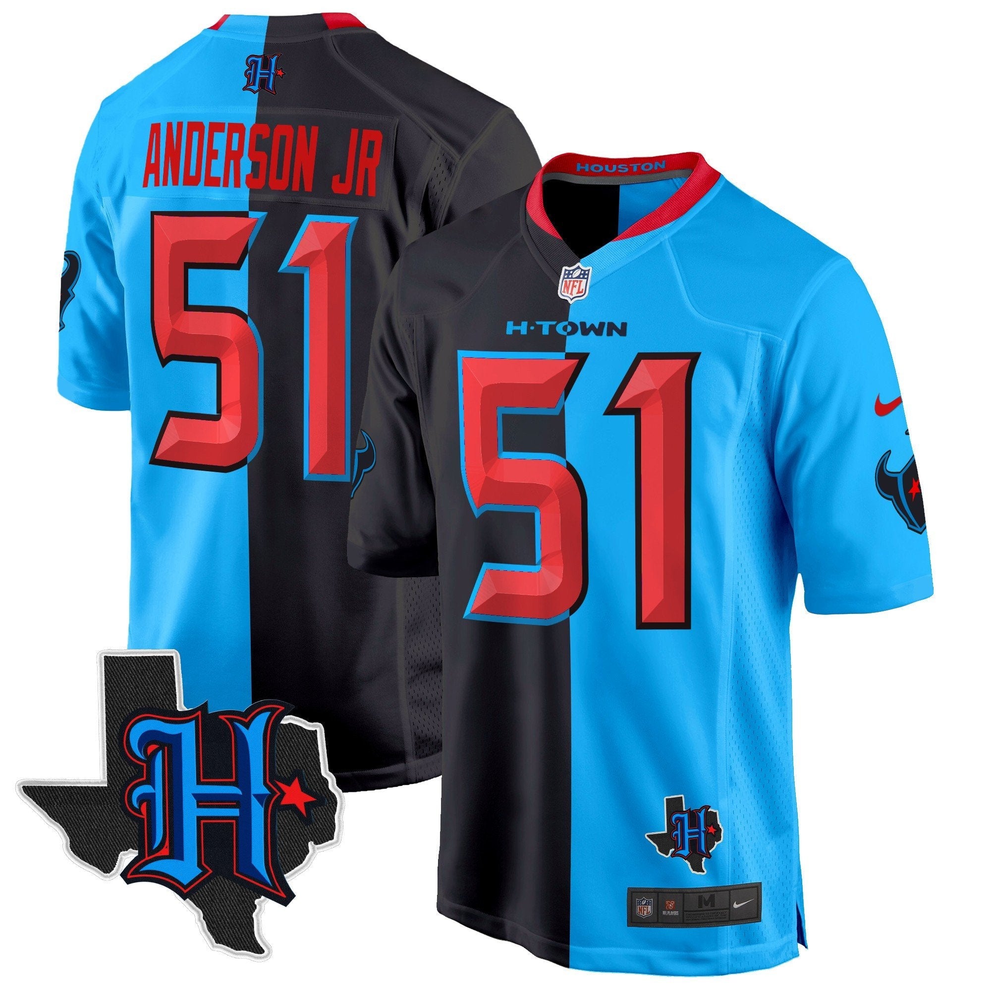 Houston Texans 2024 Texas Patch Game Jersey – All Stitched – Split – Will Anderson Jr. Jersey