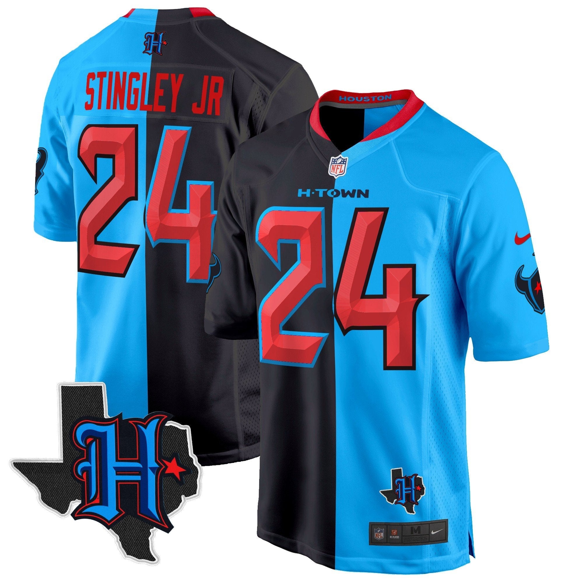 Houston Texans 2024 Texas Patch Game Jersey – All Stitched – Split – Derek Stingley Jr. Jersey
