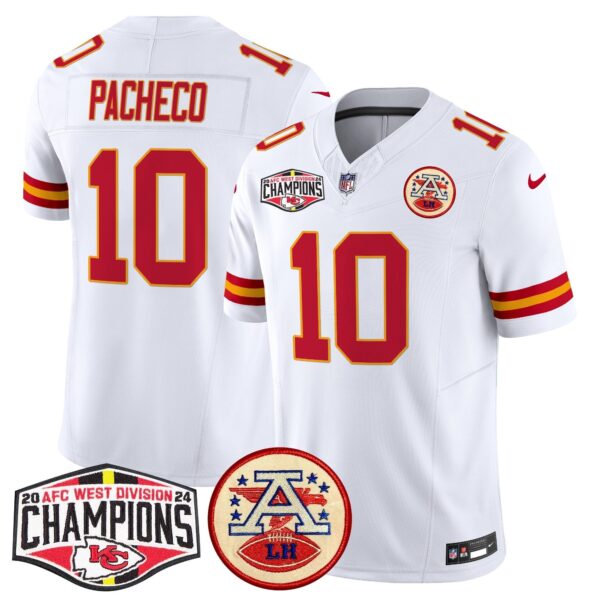 Chiefs 2024 AFC West Division Champions Patch Vapor Limited Jersey – All Stitched – White – Isiah Pacheco Jersey