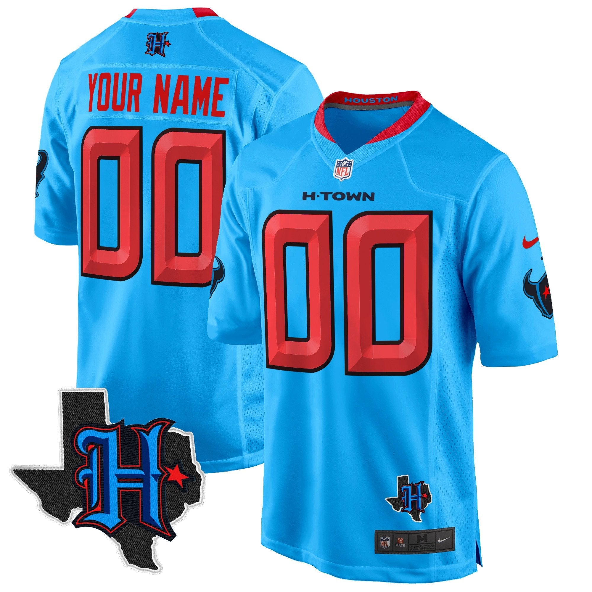 Houston Texans 2024 Texas Patch Game Custom Jersey – All Stitched – Blue Jersey