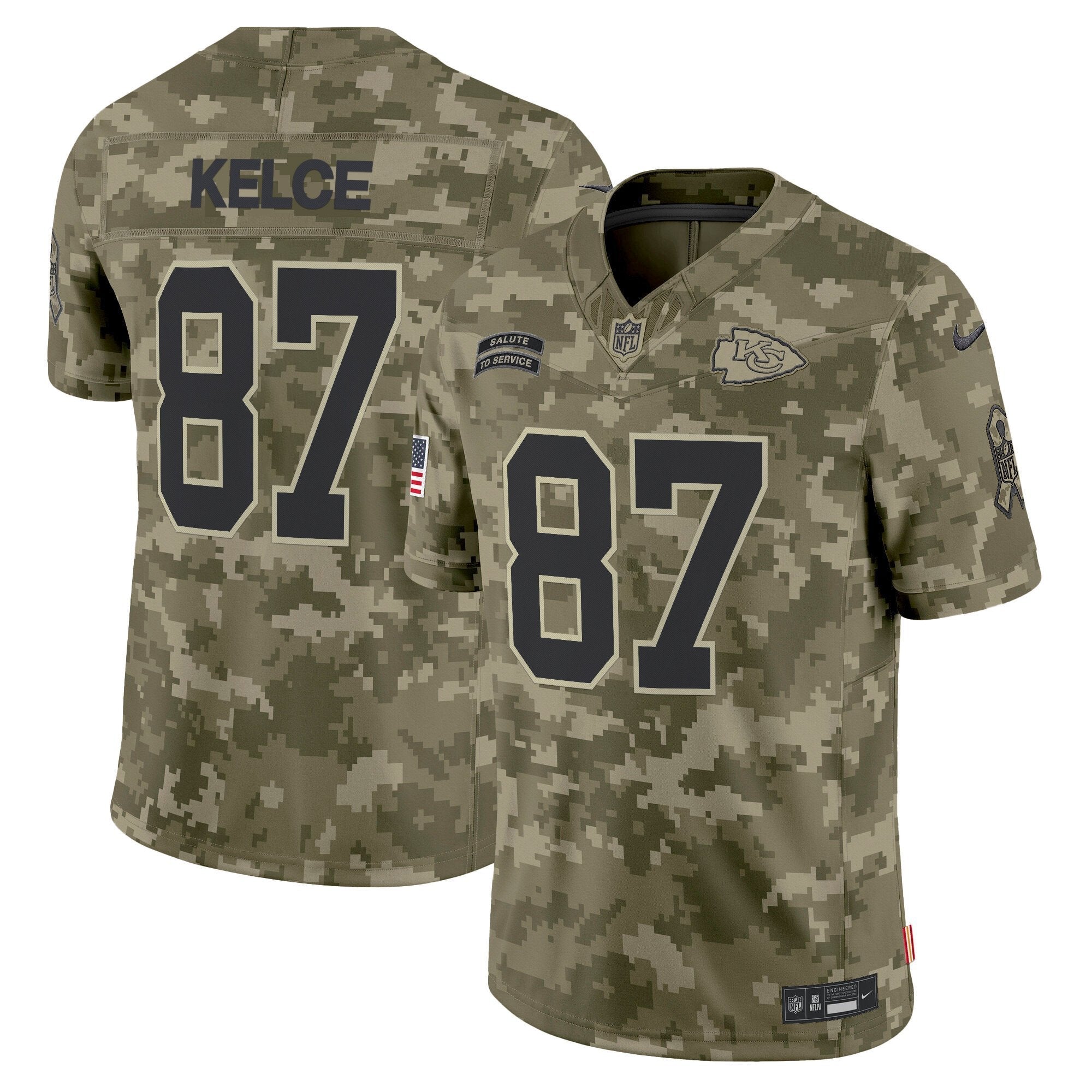 Kansas City Chiefs 2024 Salute to Service Vapor Limited Jersey – All stitched – Olive Camo – Travis Kelce Jersey