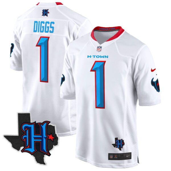 Houston Texans 2024 Texas Patch Game Jersey – All Stitched – White – Stefon Diggs Jersey