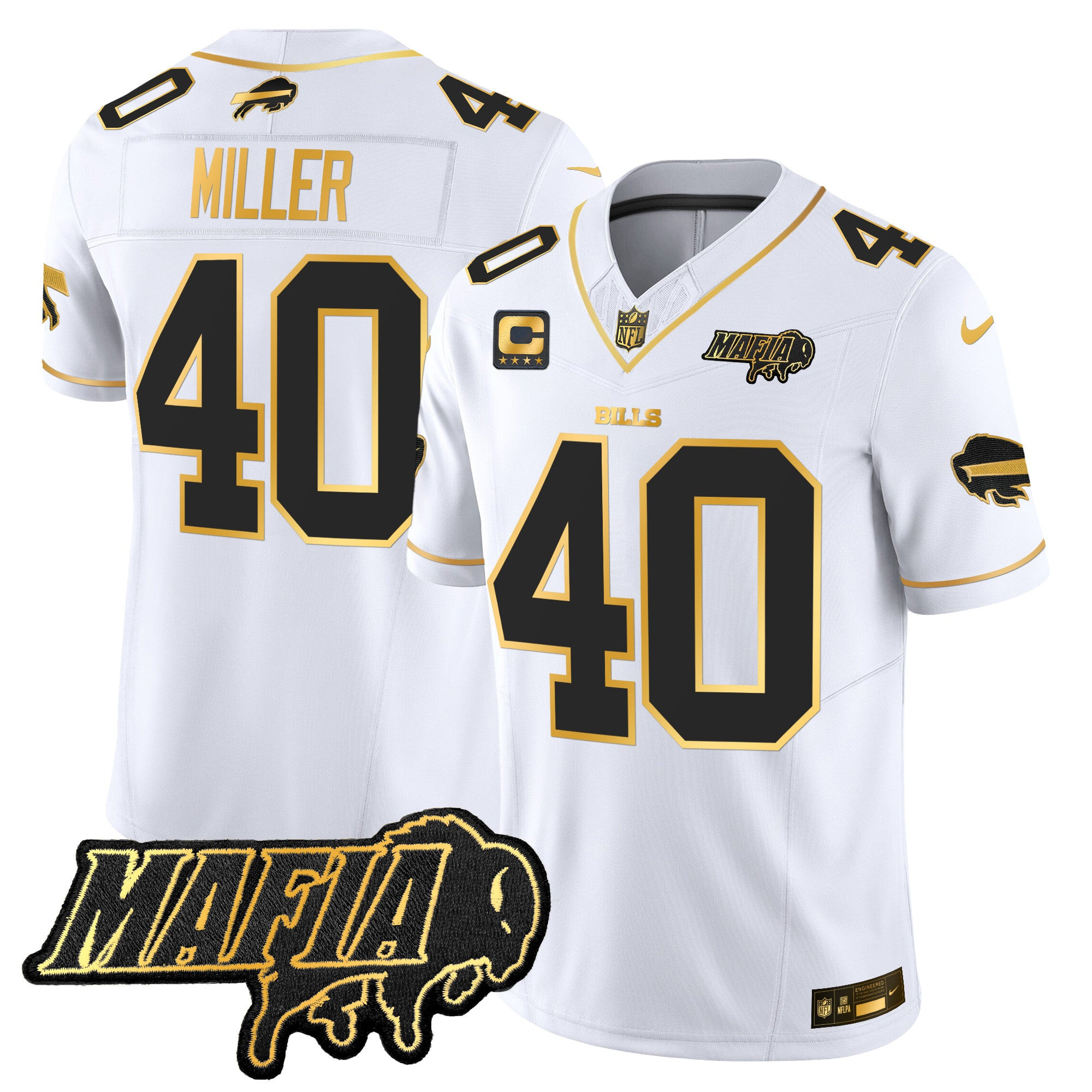 Buffalo Bills 2024 Bills Mafia Patch Gold Vapor Limited Jersey – All Stitched – White Gold – Von Miller Jersey