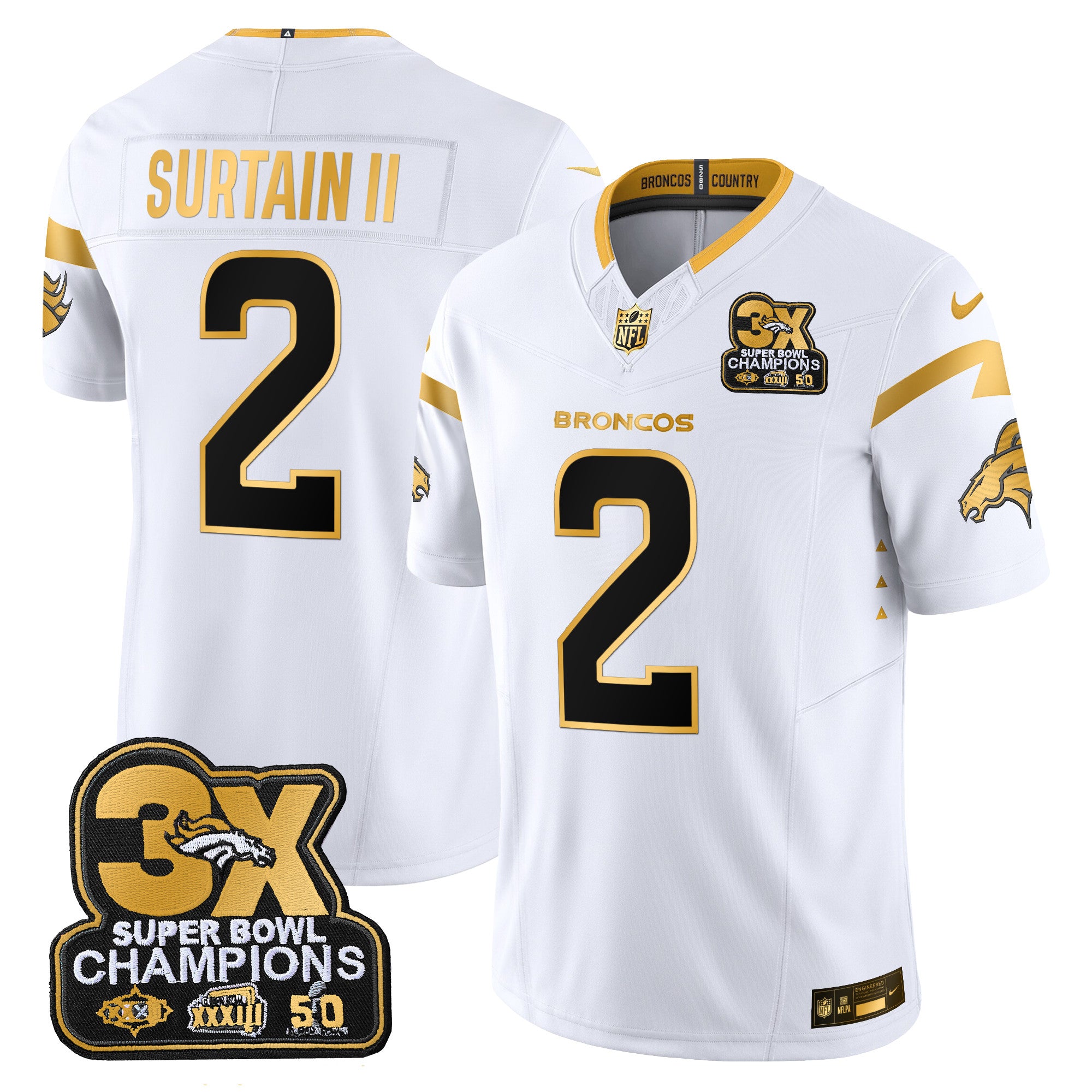 Denver Broncos 3-Time Champions Patch Gold Vapor Limited Jersey – All Stitched – White Gold – Patrick Surtain II Jersey