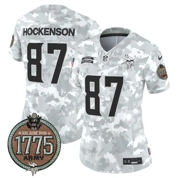 Womens Minnesota Vikings 2024 Salute To Service Establishment Year Patch Vapor Limited Jersey TJ Hockenson Jersey Army