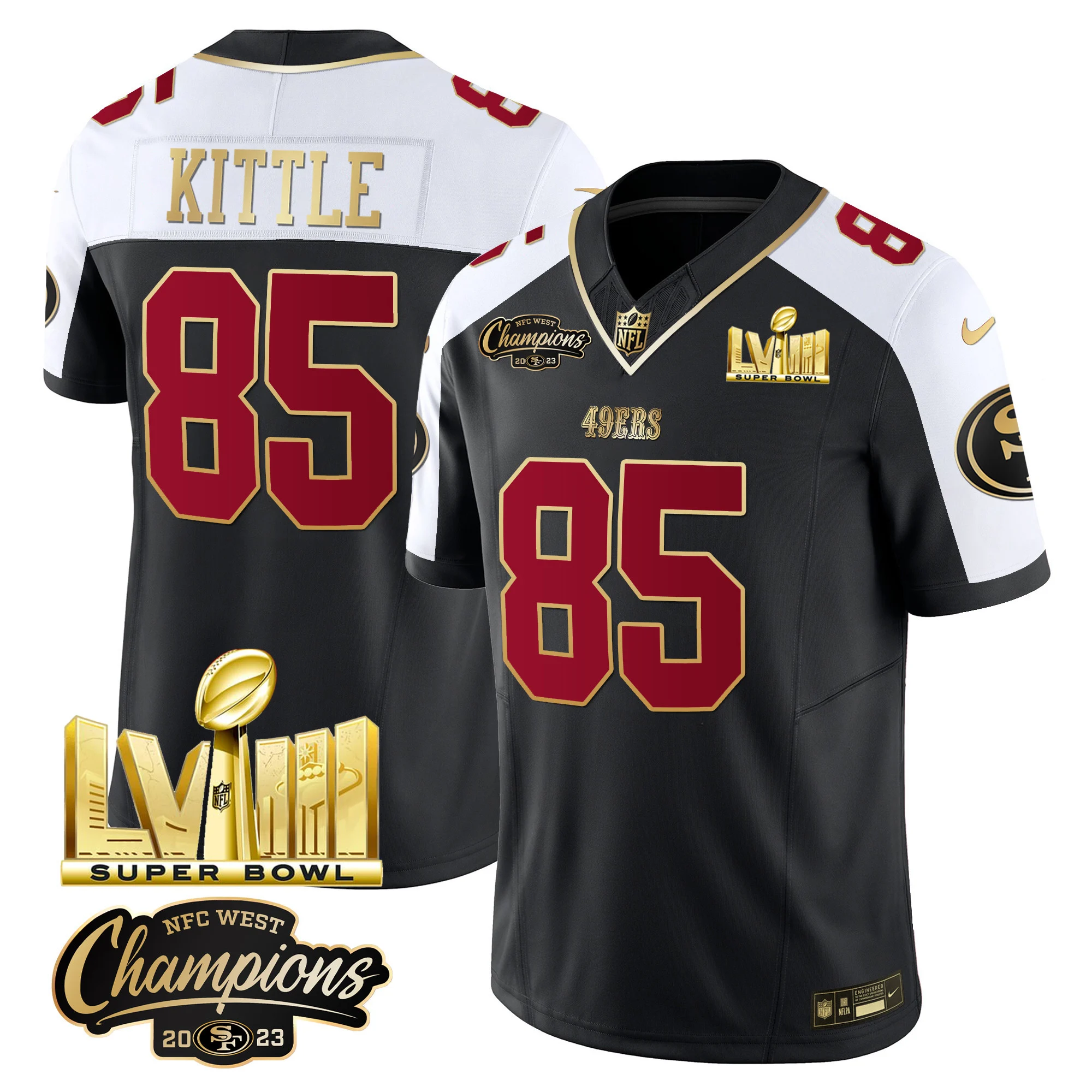Mens San Francisco 49Ers NFC West Champions Super Bowl LVIII Gold Patch Vapor Jersey V2 George Kittle Jersey Black Alternate