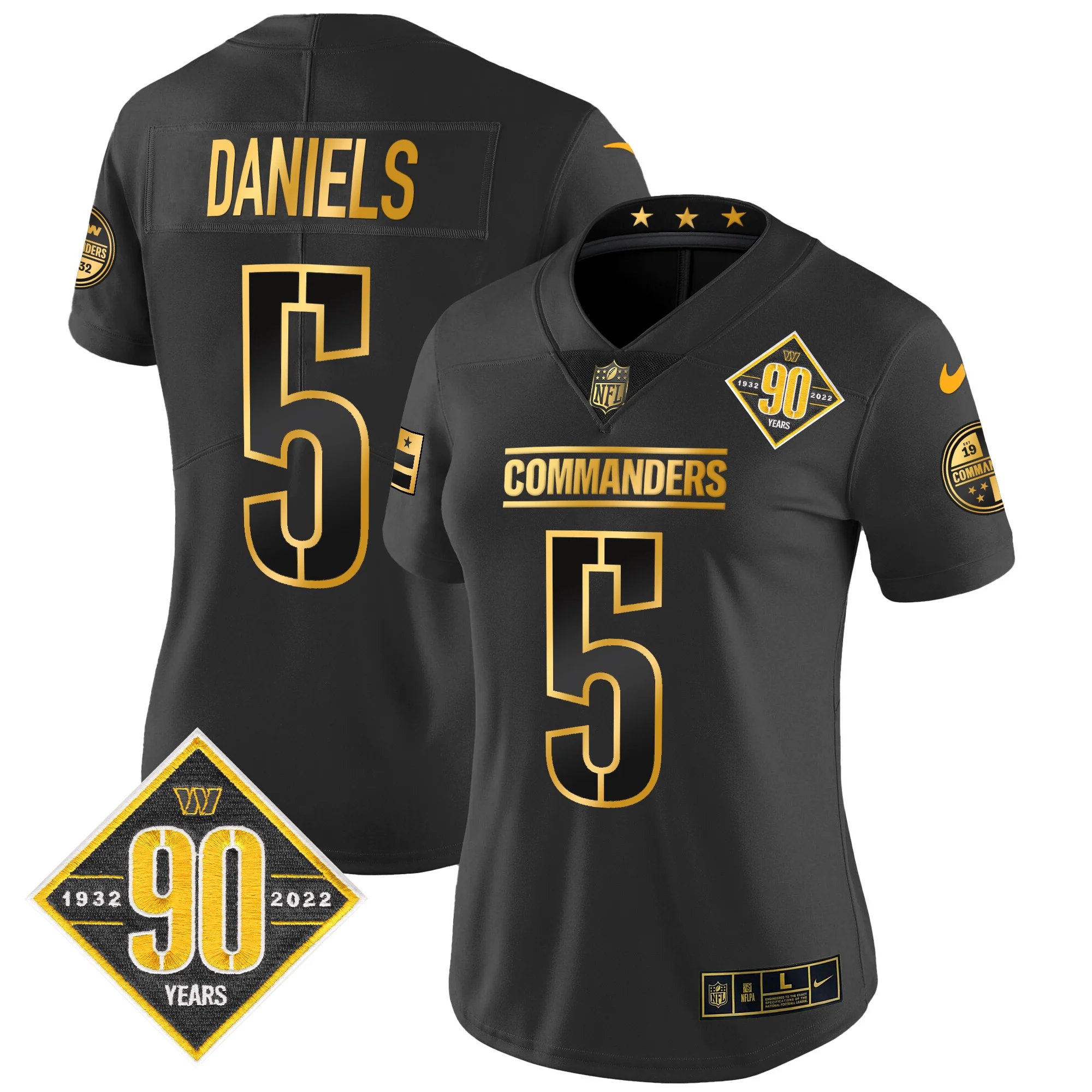 Womens Washington Commanders 90Th Anniversary Patch Gold Vapor Limited Jersey Jayden Daniels Jersey Black Gold