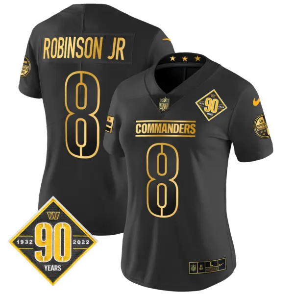 Womens Washington Commanders 90Th Anniversary Patch Gold Vapor Limited Jersey Robinson Jr Jersey Black Gold