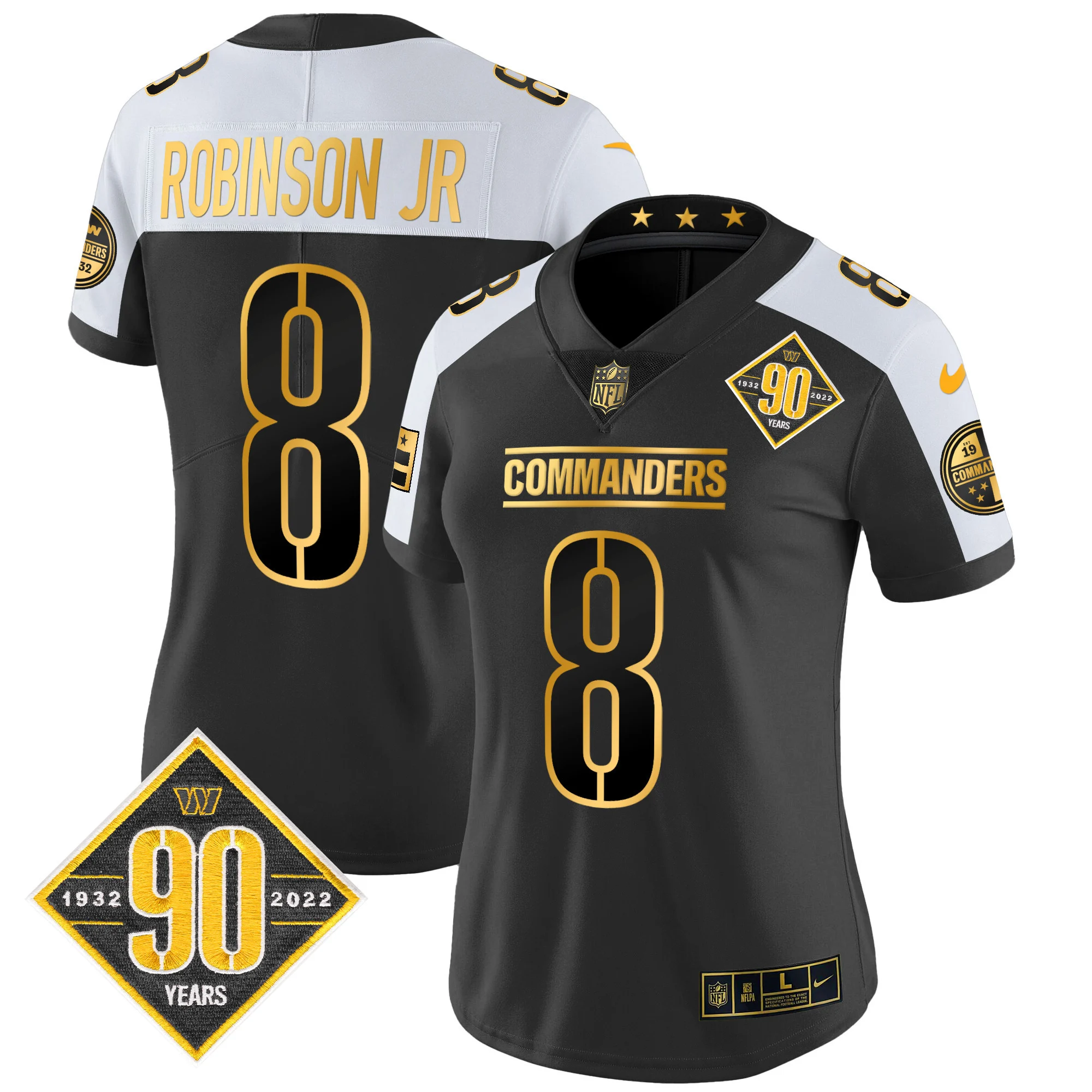 Womens Washington Commanders 90Th Anniversary Patch Gold Vapor Limited Jersey Robinson Jr Jersey Alternate