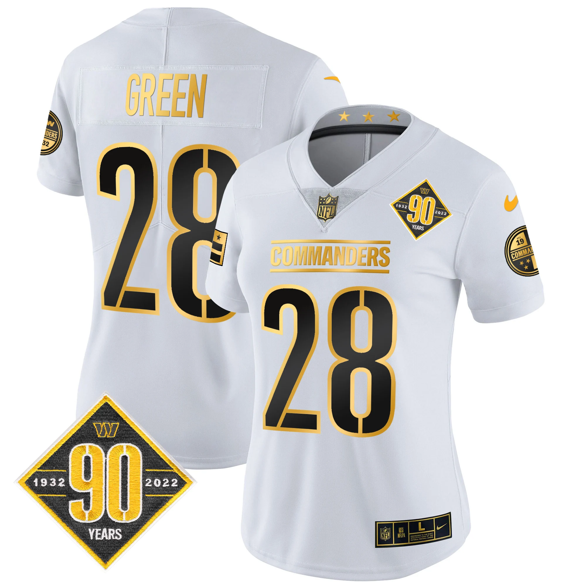 Womens Washington Commanders 90Th Anniversary Patch Gold Vapor Limited Jersey Darrell Green Jersey White Gold