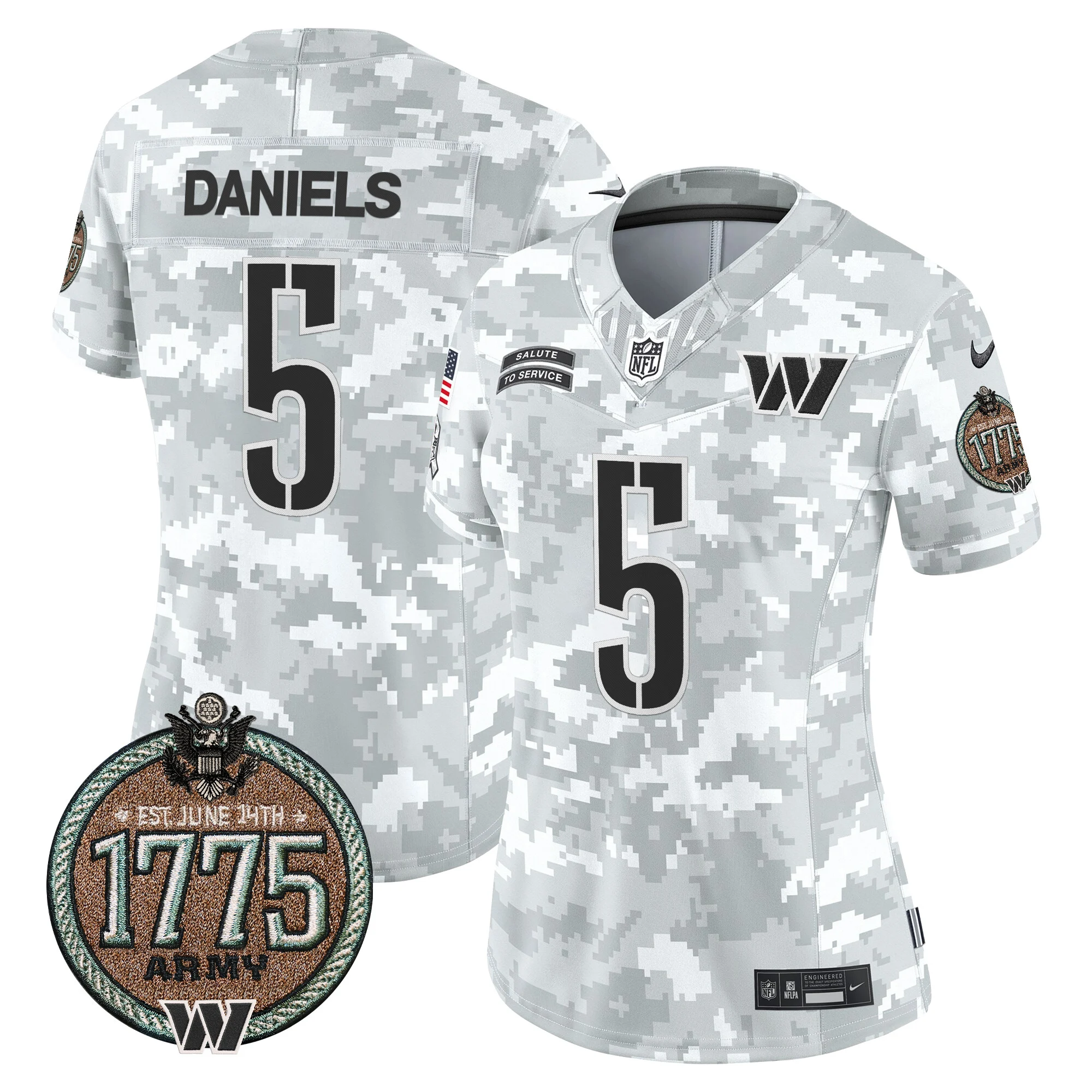 Womens Washington Commanders 2024 Salute To Service Establishment Year Patch Vapor Limited Jersey Jayden Daniels Jersey Army
