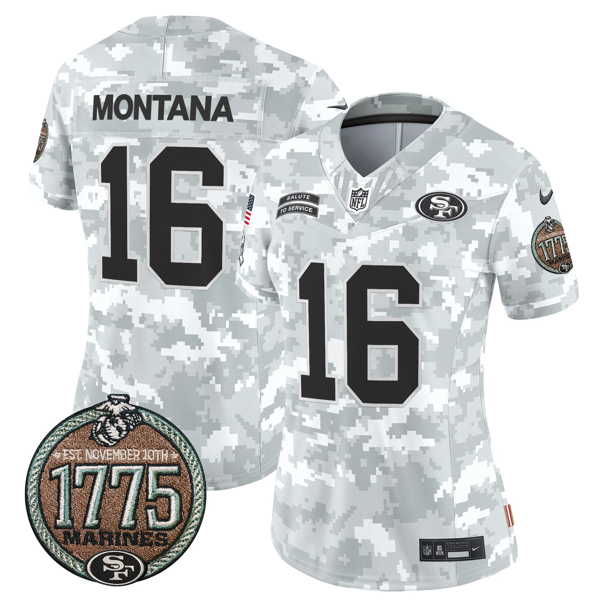 Womens San Francisco 49Ers 2024 Salute To Service Establishment Year Patch Vapor Limited Jersey Joe Montana Jersey Marines
