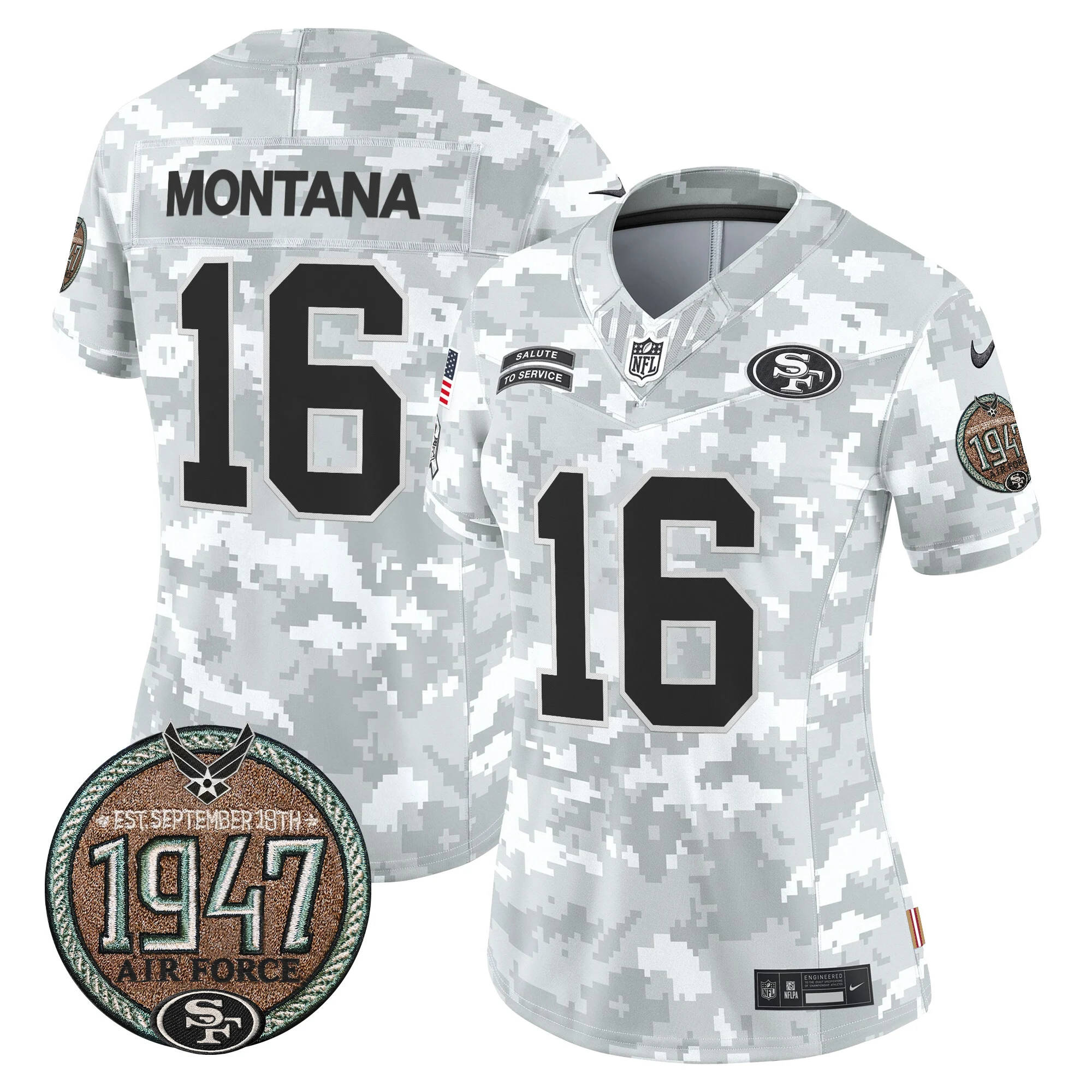 Womens San Francisco 49Ers 2024 Salute To Service Establishment Year Patch Vapor Limited Jersey Joe Montana Jersey Air Force