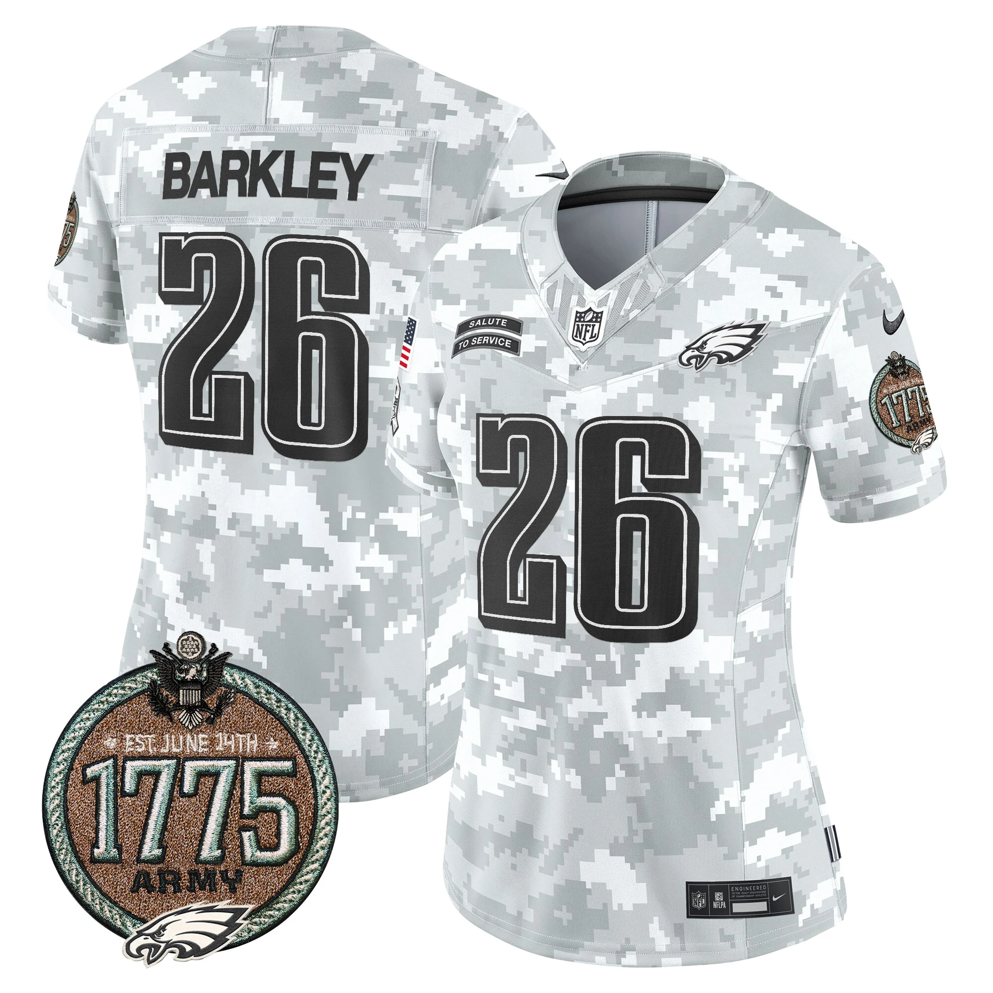 Womens Philadelphia Eagles 2024 Salute To Service Establishment Year Patch Vapor Limited Jersey Saquon Barkley Jersey Army