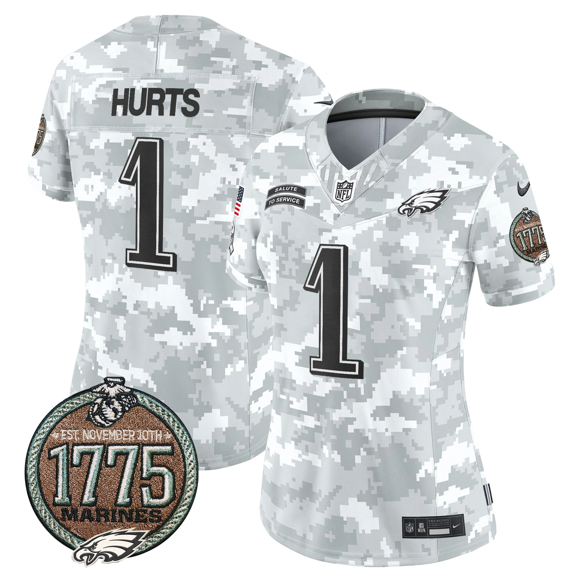Womens Philadelphia Eagles 2024 Salute To Service Establishment Year Patch Vapor Limited Jersey Jaylen Hurts Jersey Marines
