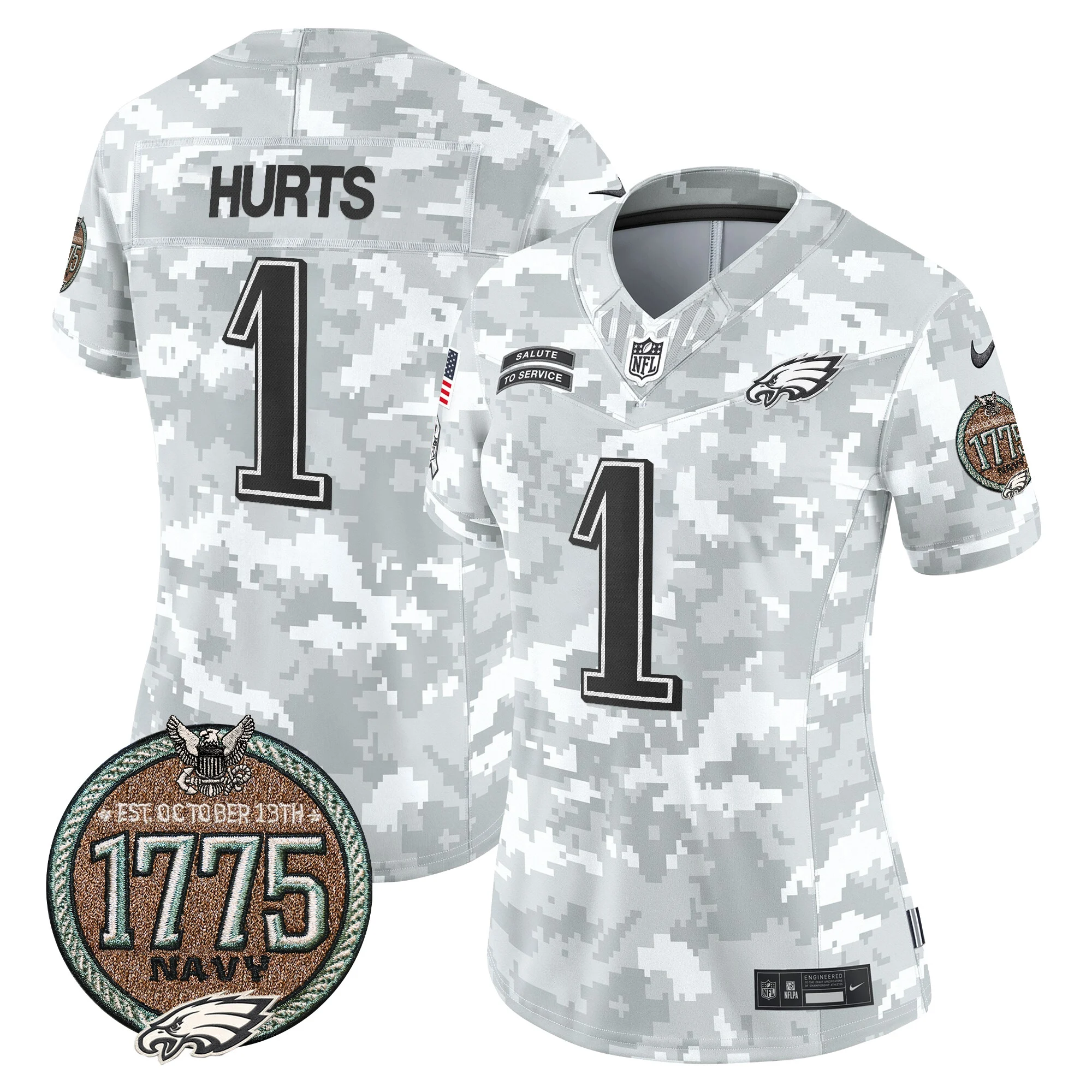 Womens Philadelphia Eagles 2024 Salute To Service Establishment Year Patch Vapor Limited Jersey Jaylen Hurts Jersey Navy