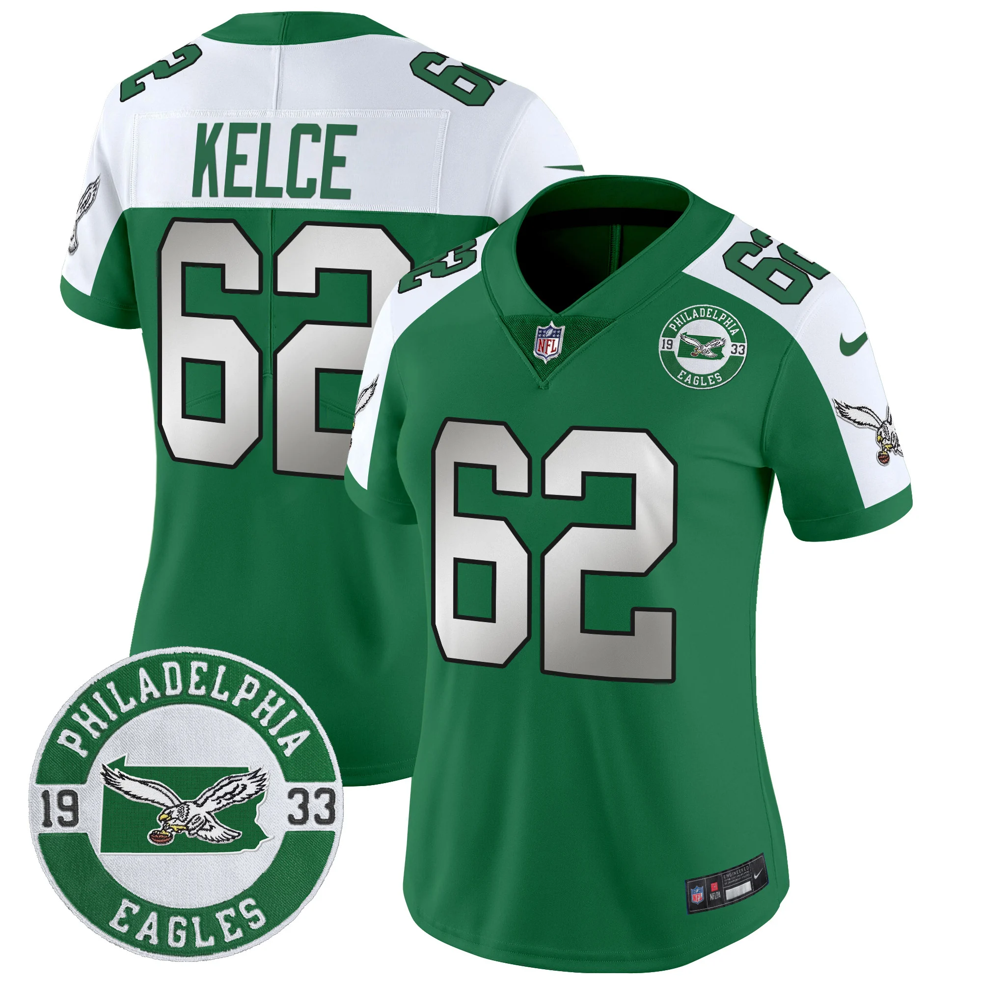 Womens Philadelphia Eagles 2024 Throwback Vapor Limited Jersey Est 1933 Patch Jason Kelce Jersey Kelly Alternate