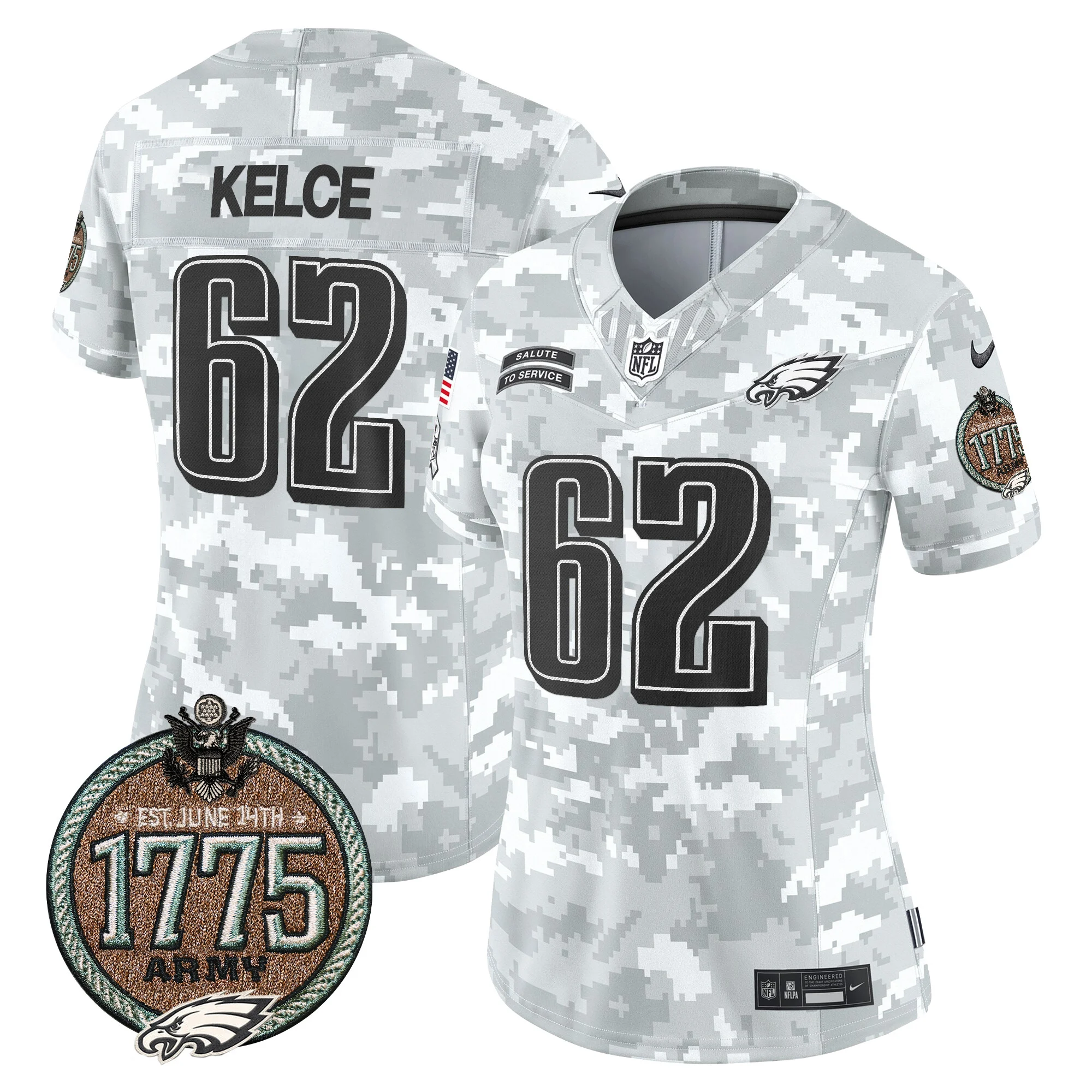 Womens Philadelphia Eagles 2024 Salute To Service Establishment Year Patch Vapor Limited Jersey Jason Kelce Jersey Army