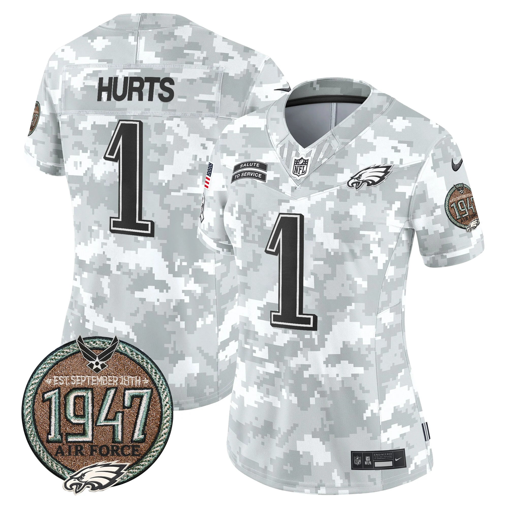Womens Philadelphia Eagles 2024 Salute To Service Establishment Year Patch Vapor Limited Jersey Jaylen Hurts Jersey Air Force